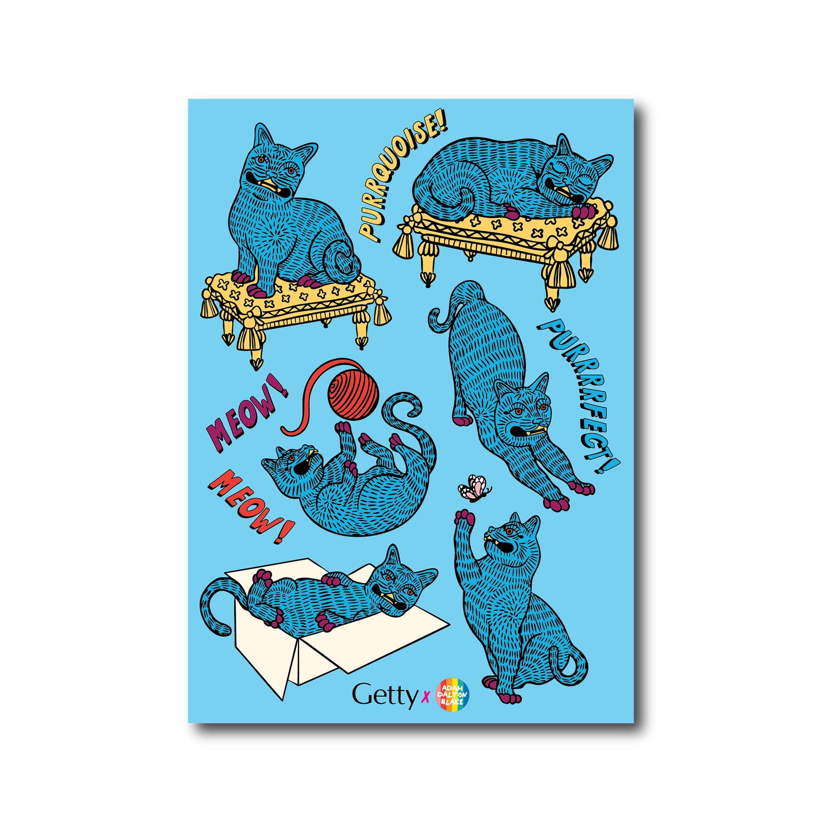 Illustrated cat book cover with various poses on a blue background