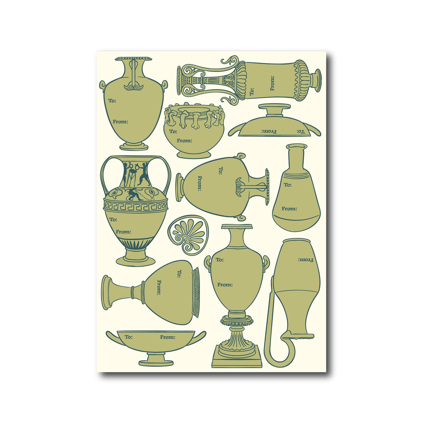 Illustrations of various ancient Greek vases on a beige background