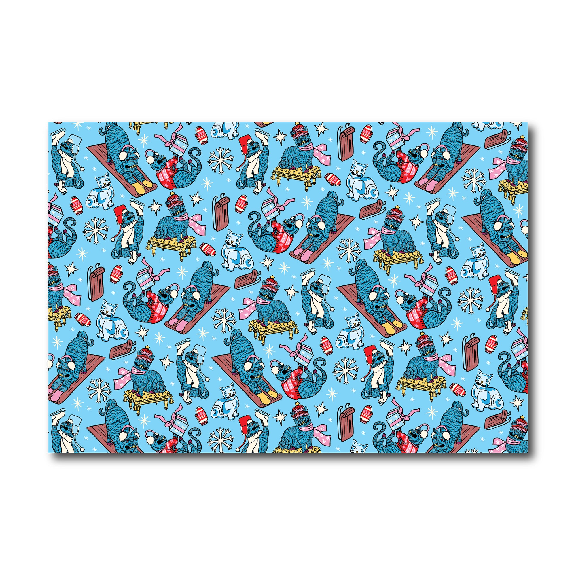 Three sheets of blue wrapping paper with festive animal pattern on a white background