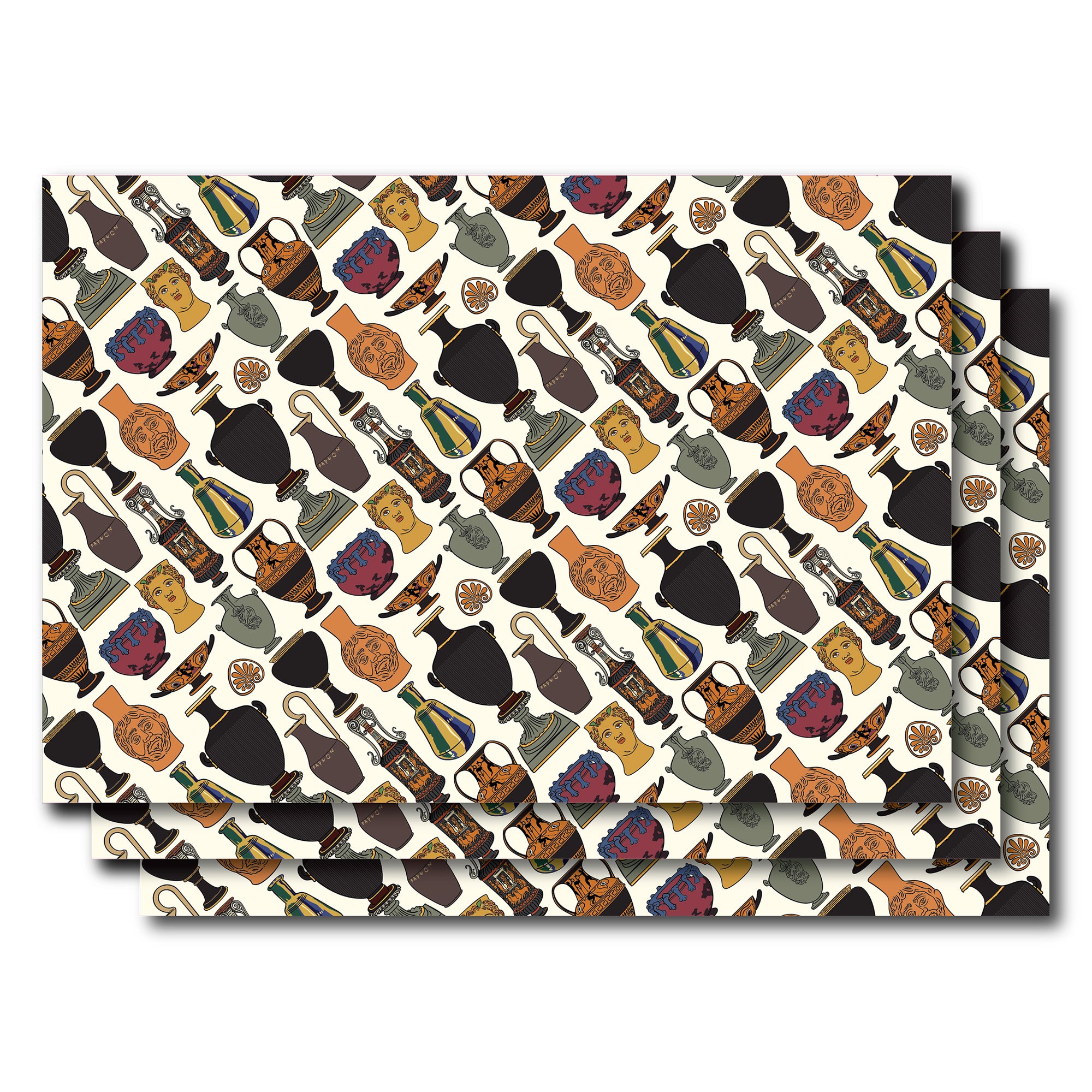 Patterned paper with decorative items on a white background