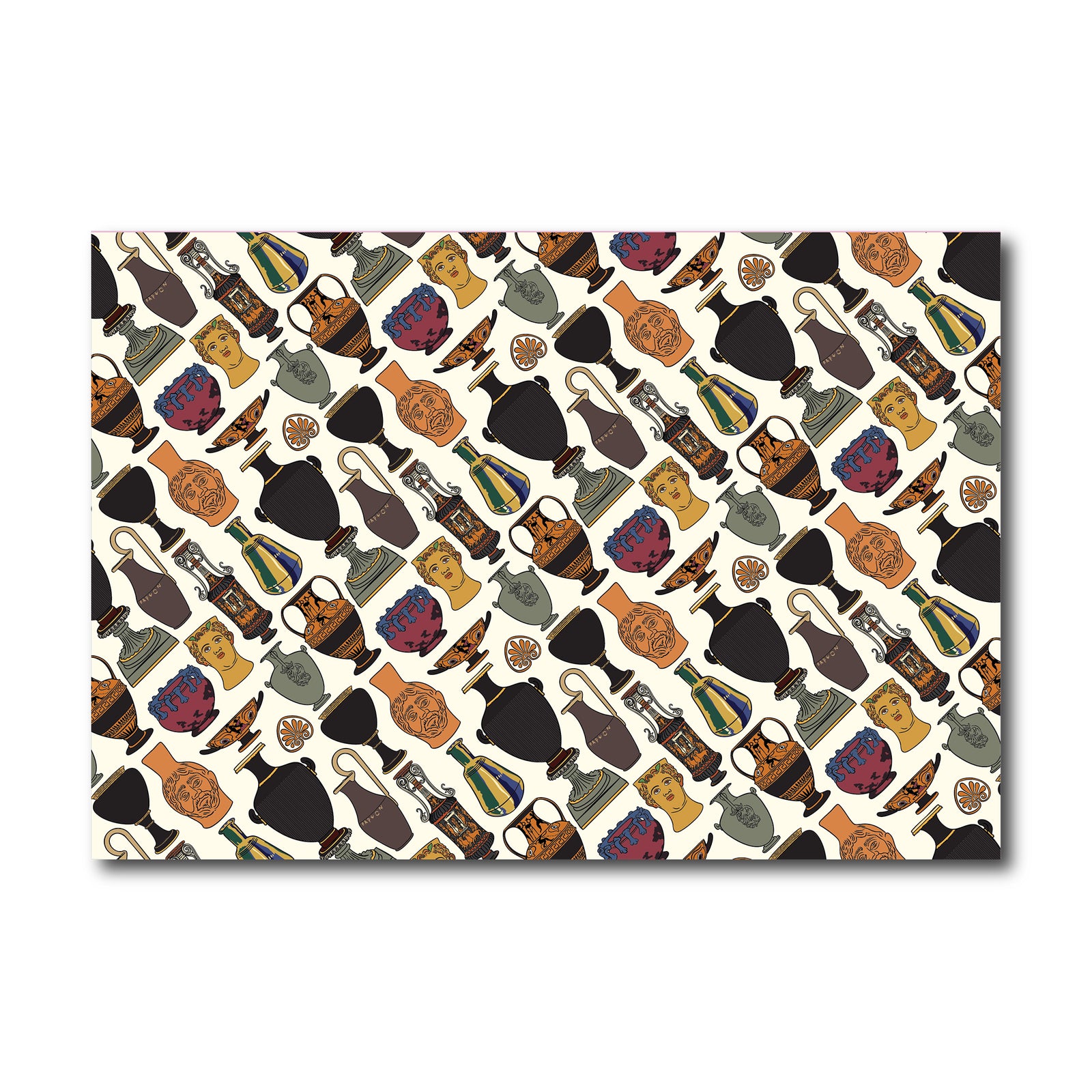Patterned paper with decorative items on a white background