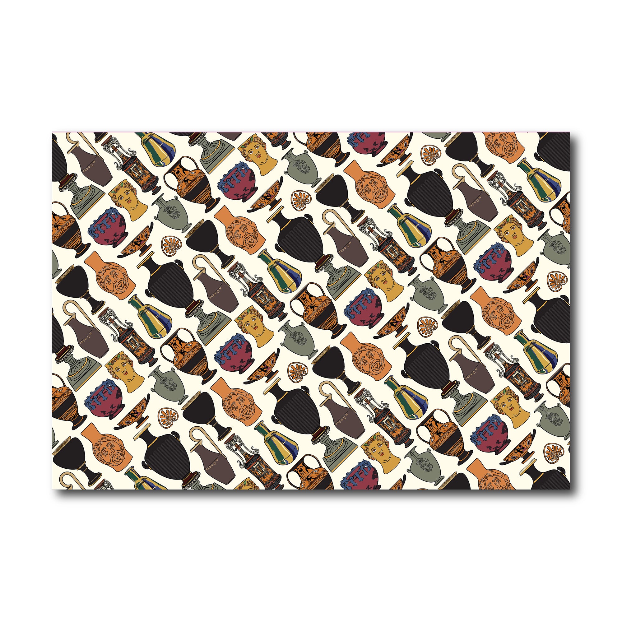 Patterned paper with decorative items on a white background