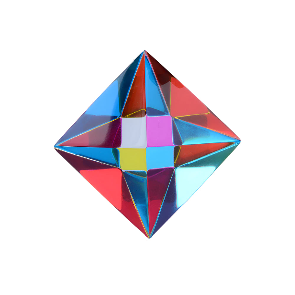 A colorful geometric Aether cube made up of multiple reflective surfaces, displaying a spectrum of colors.
