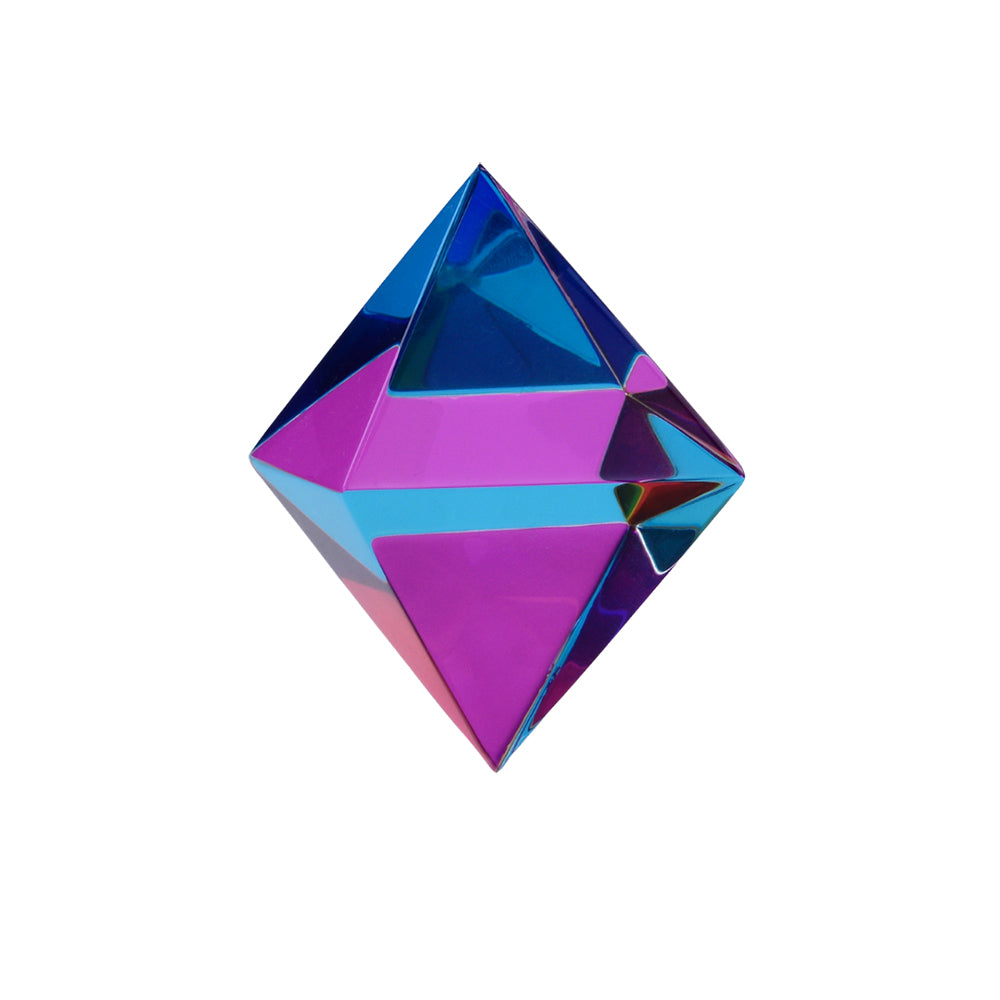 A colorful geometric Aether cube made up of multiple reflective surfaces, displaying a spectrum of colors.