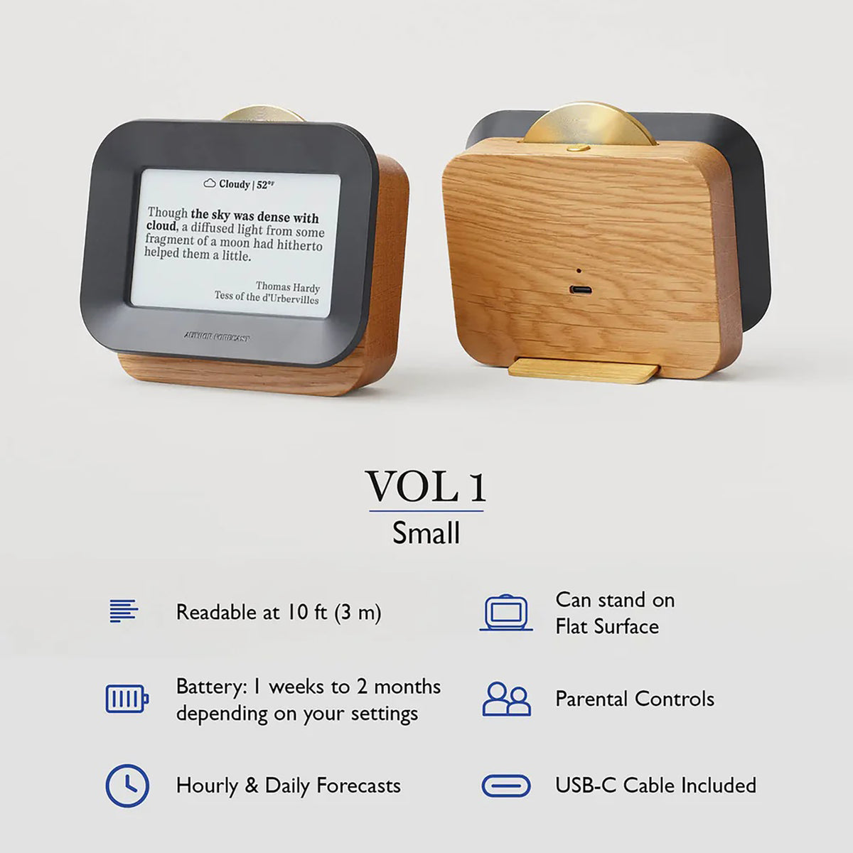 Two electronic devices with screens, one wooden and one black, on a light gray background.