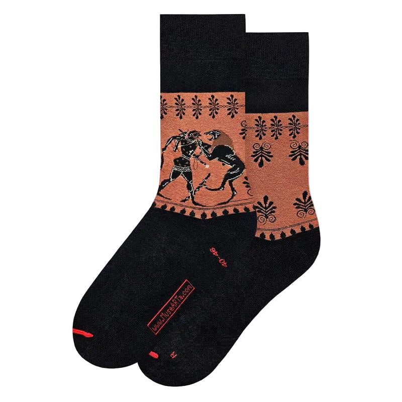 Black socks with a red and black pattern on a white background
