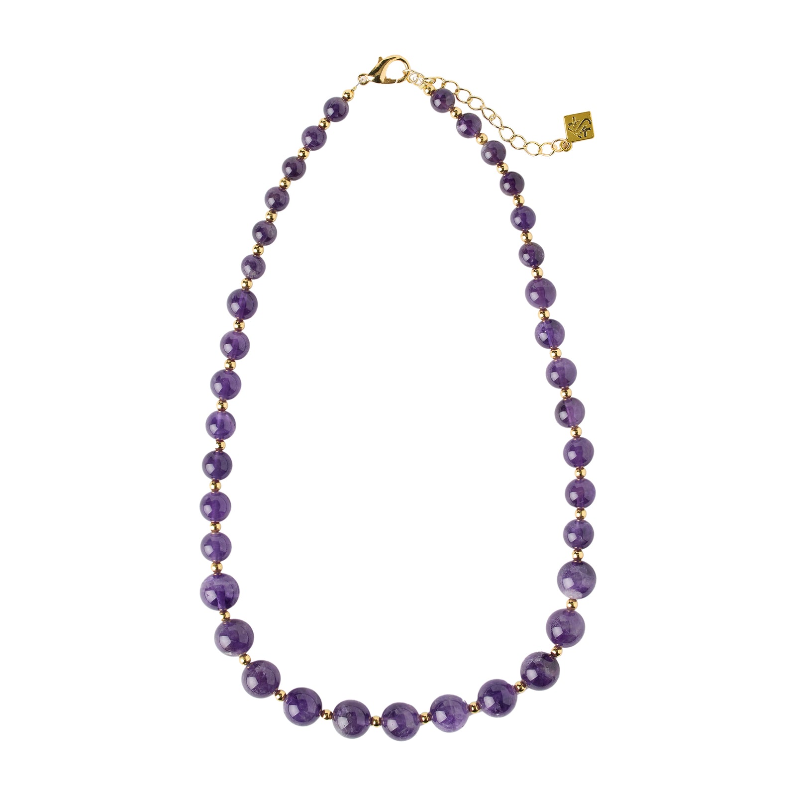 Purple beaded necklace with gold accents on a white background