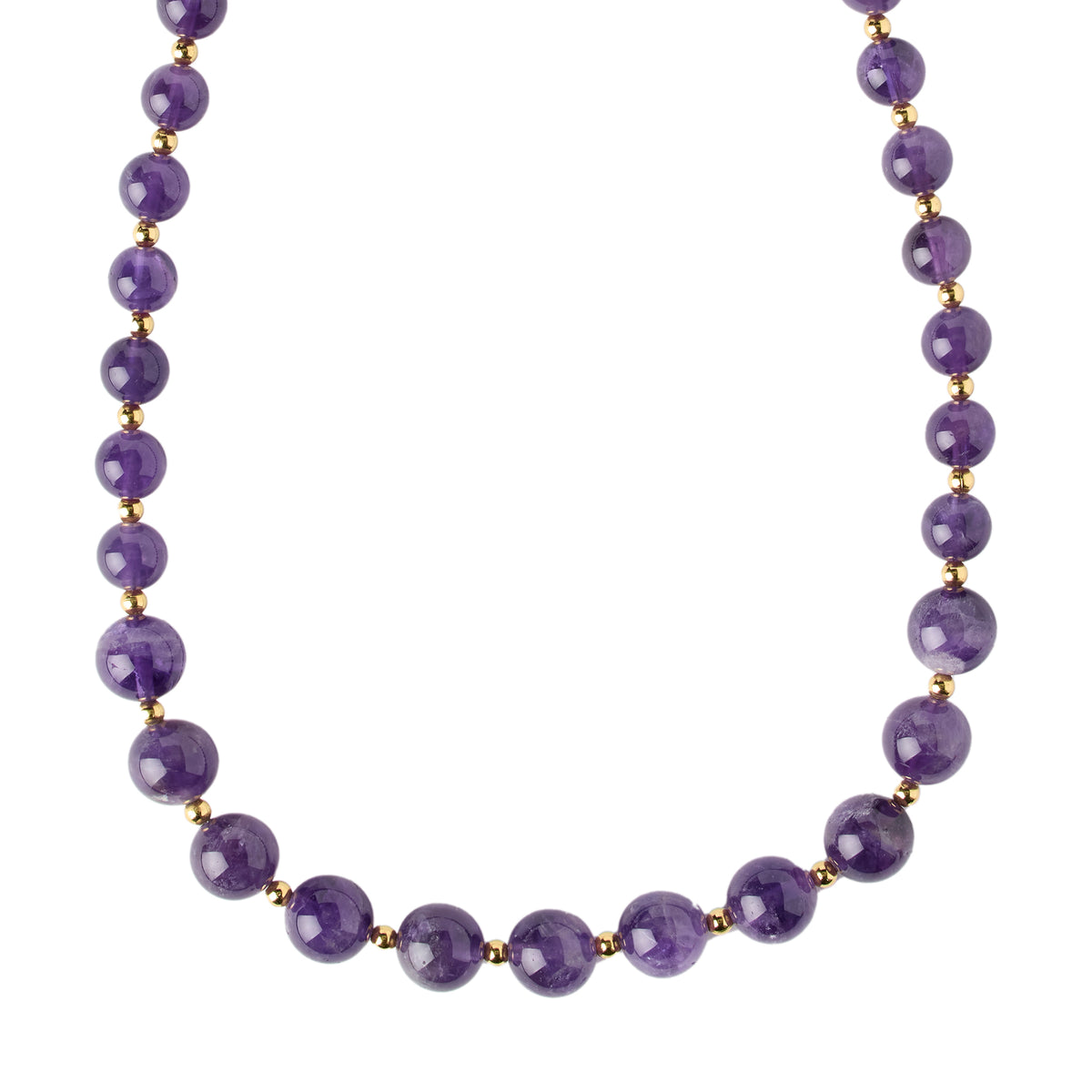 Purple beaded necklace on a white background
