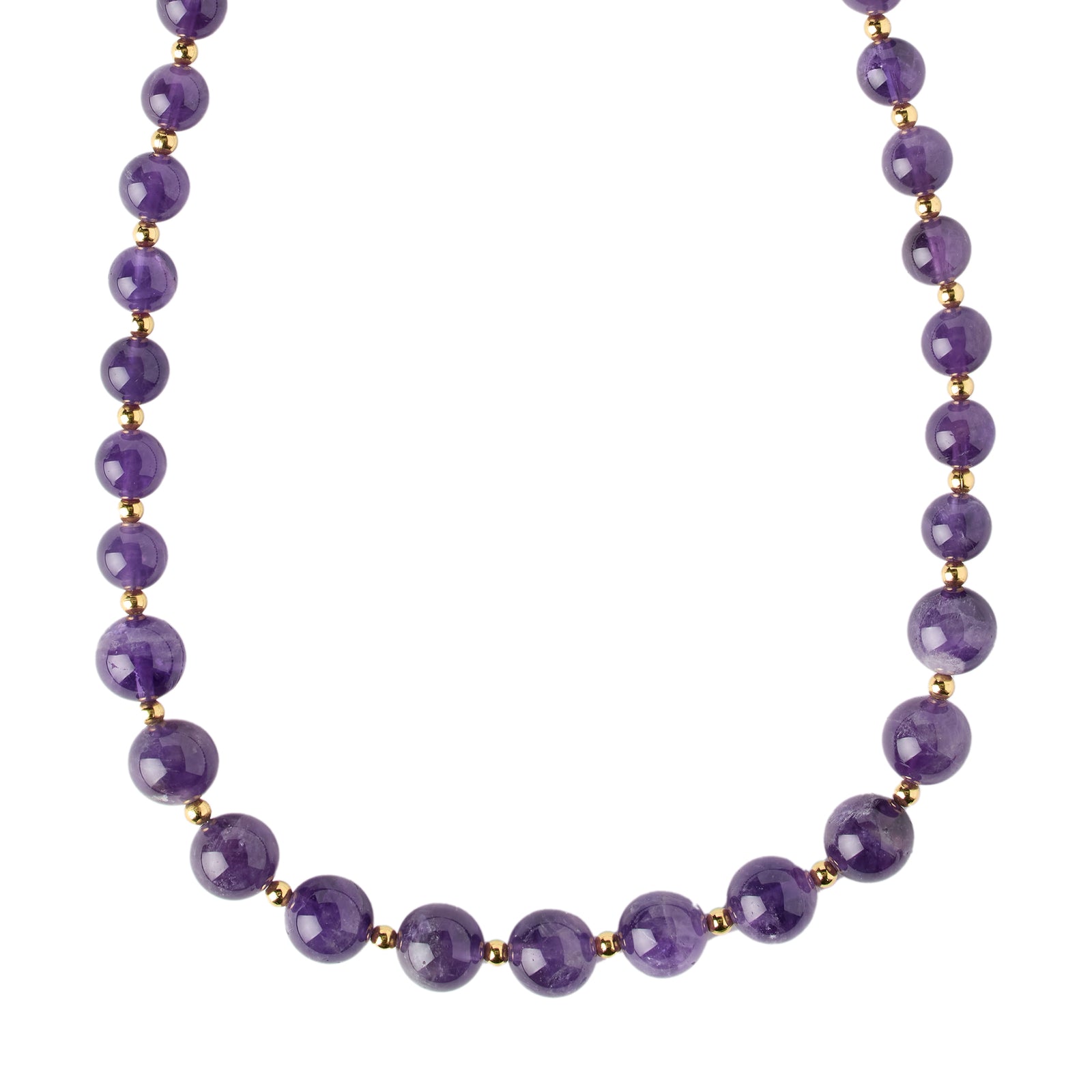 Purple beaded necklace with gold accents on a white background