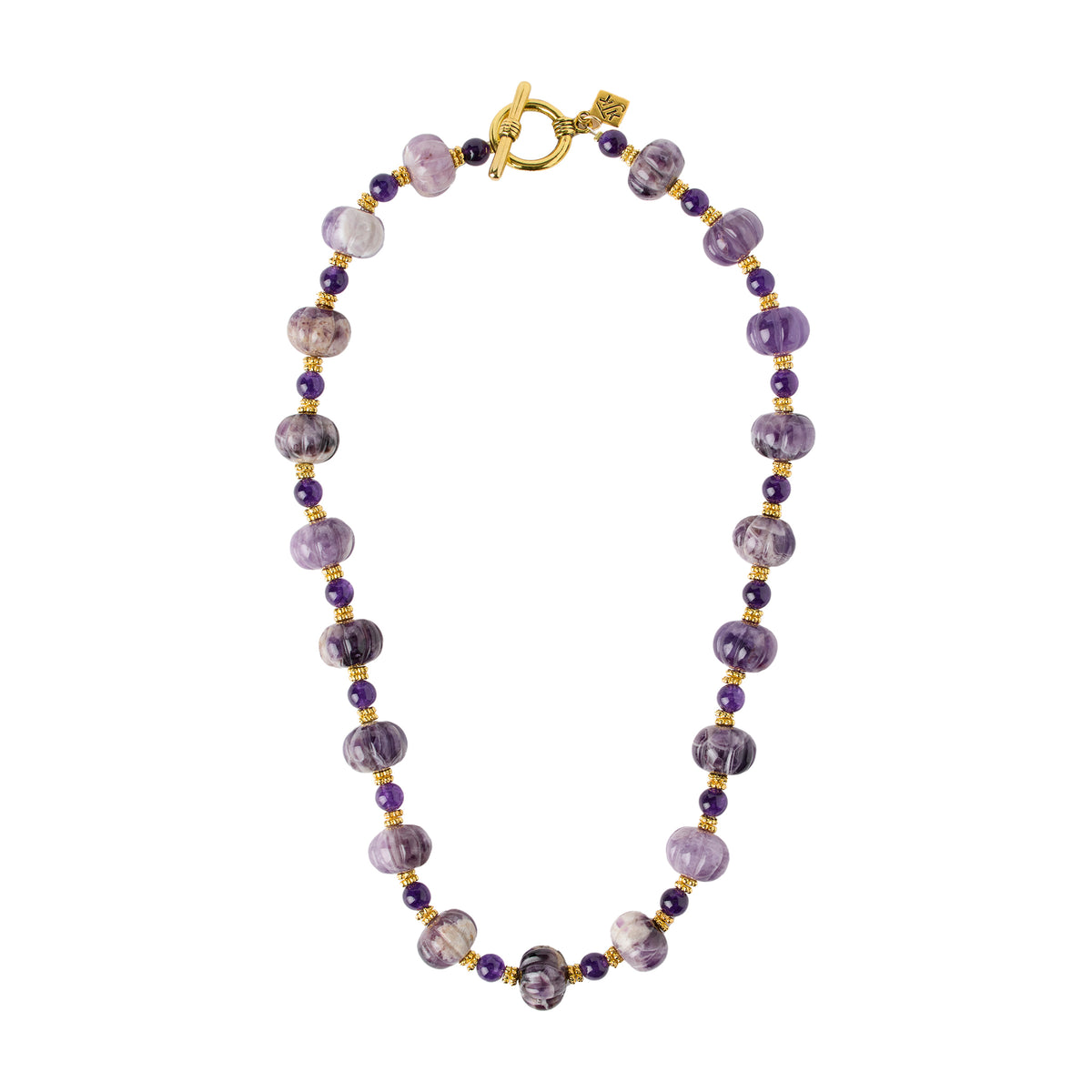 Necklace with purple beads and gold accents on a white background