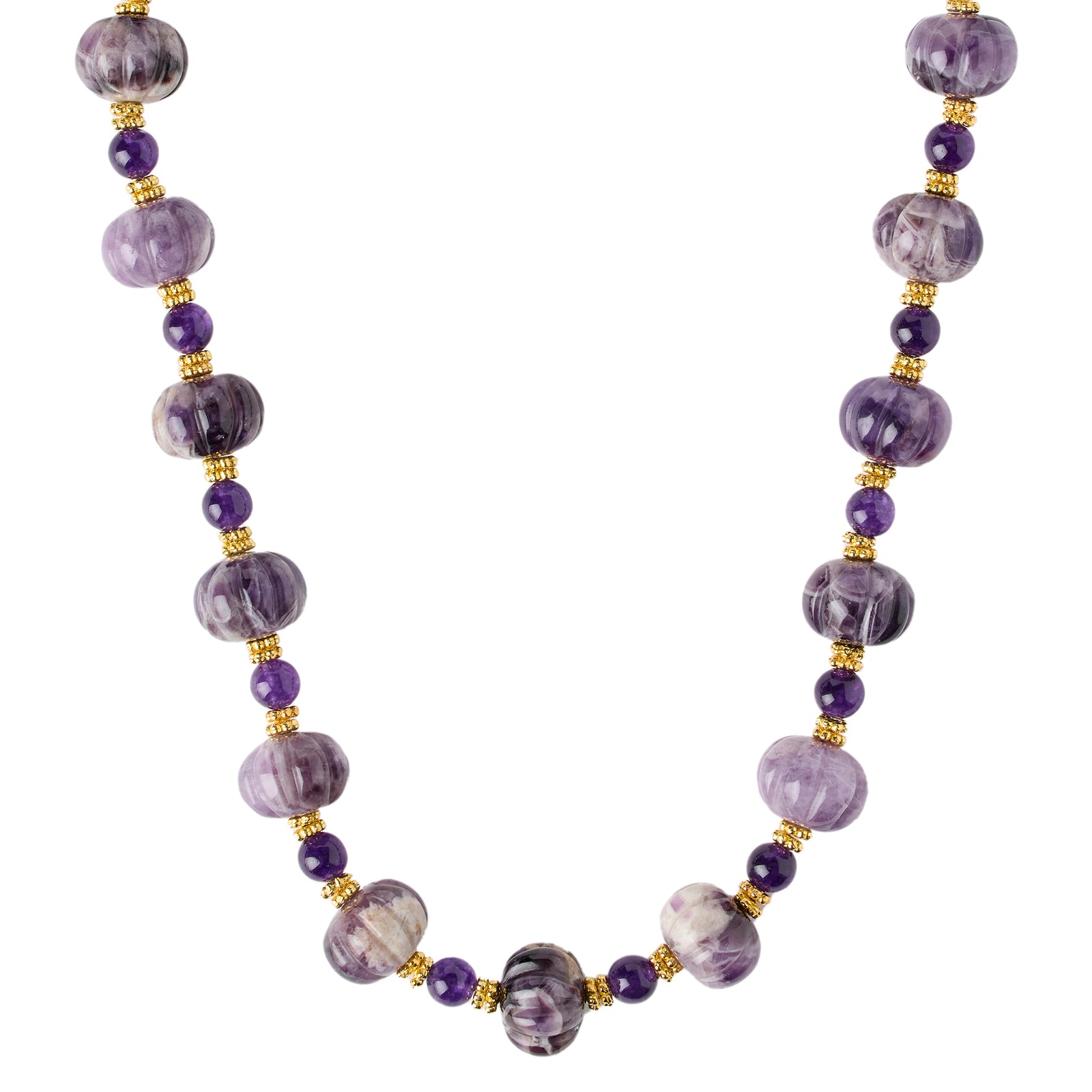 Necklace with purple beads and gold accents on a white background