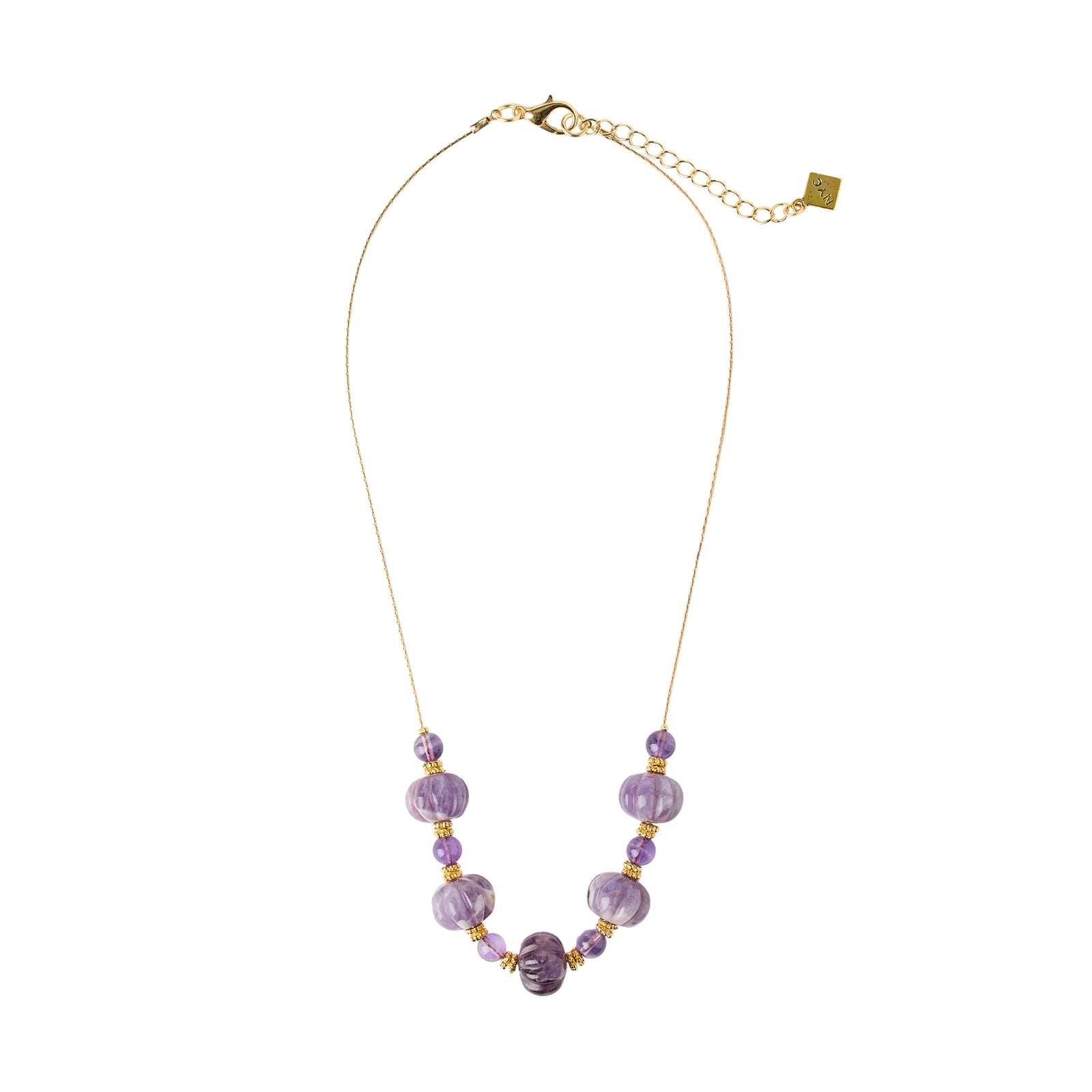 Necklace with purple beads and gold accents on a white background