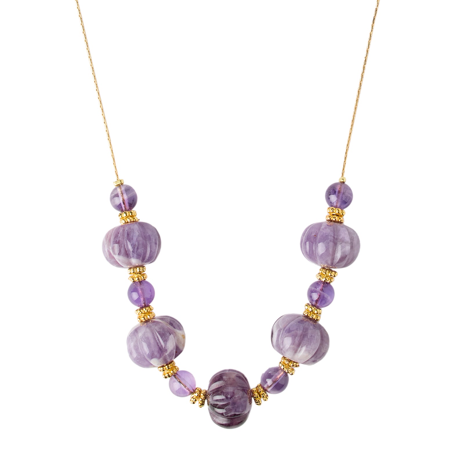 Necklace with purple beads and gold accents on a white background