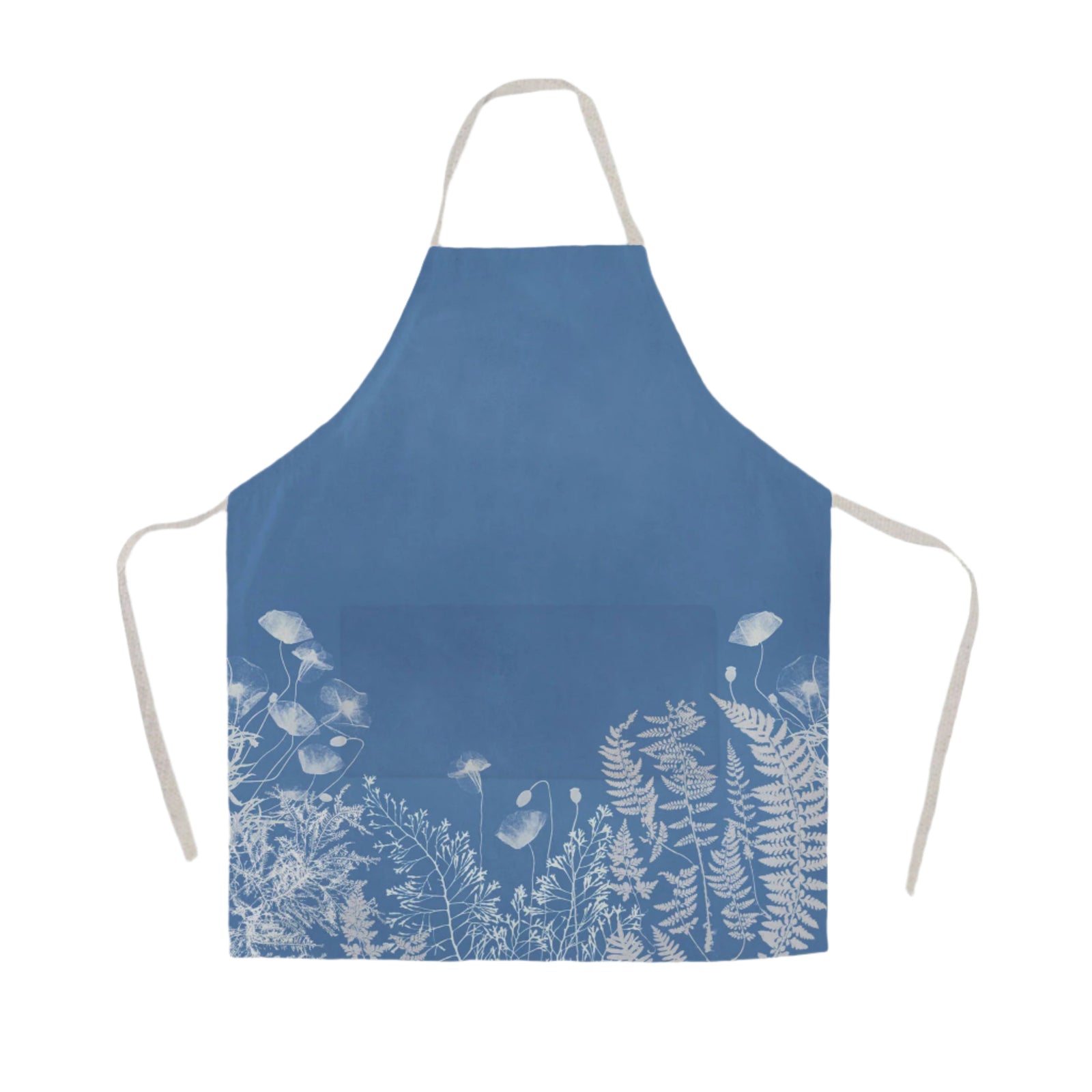 A blue linen apron with a white botanical print design, featuring a front pocket.