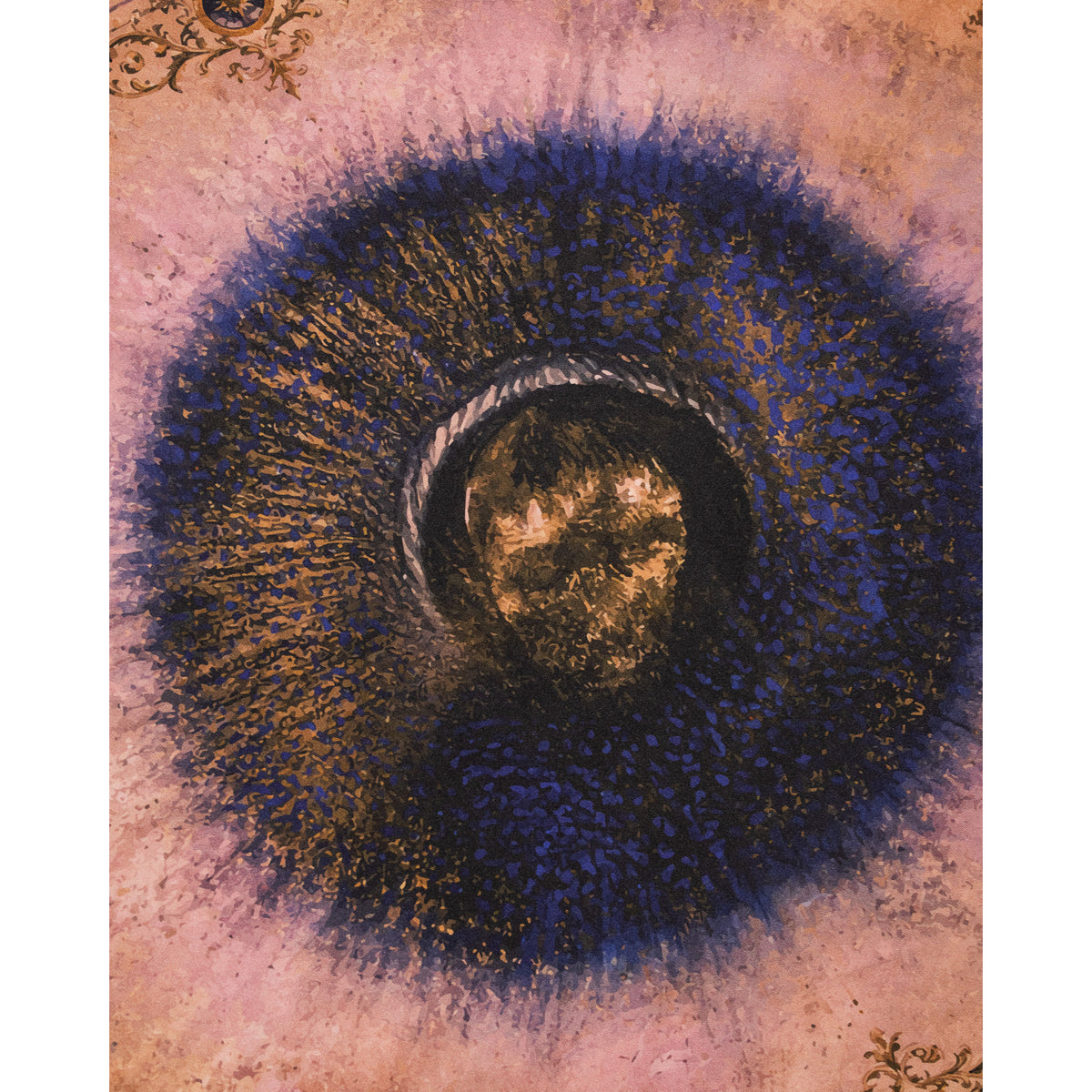 An abstract circular artwork featuring a dark blue and black textured ring with gold speckling, surrounding a central brown and black oval on a warm pink-beige background with ornamental corner details.