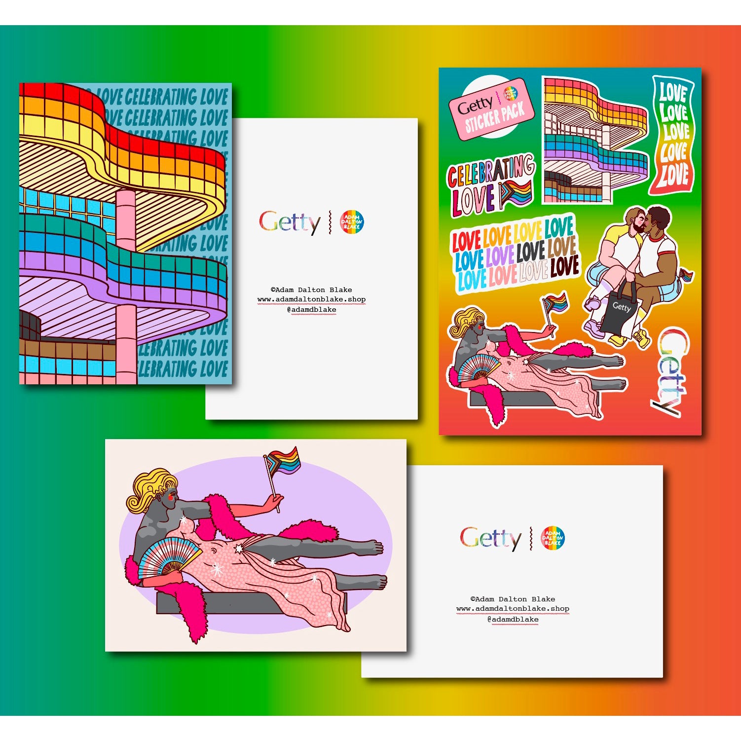 Collection of colorful greeting cards and stickers with 'Getty' branding on a rainbow background.