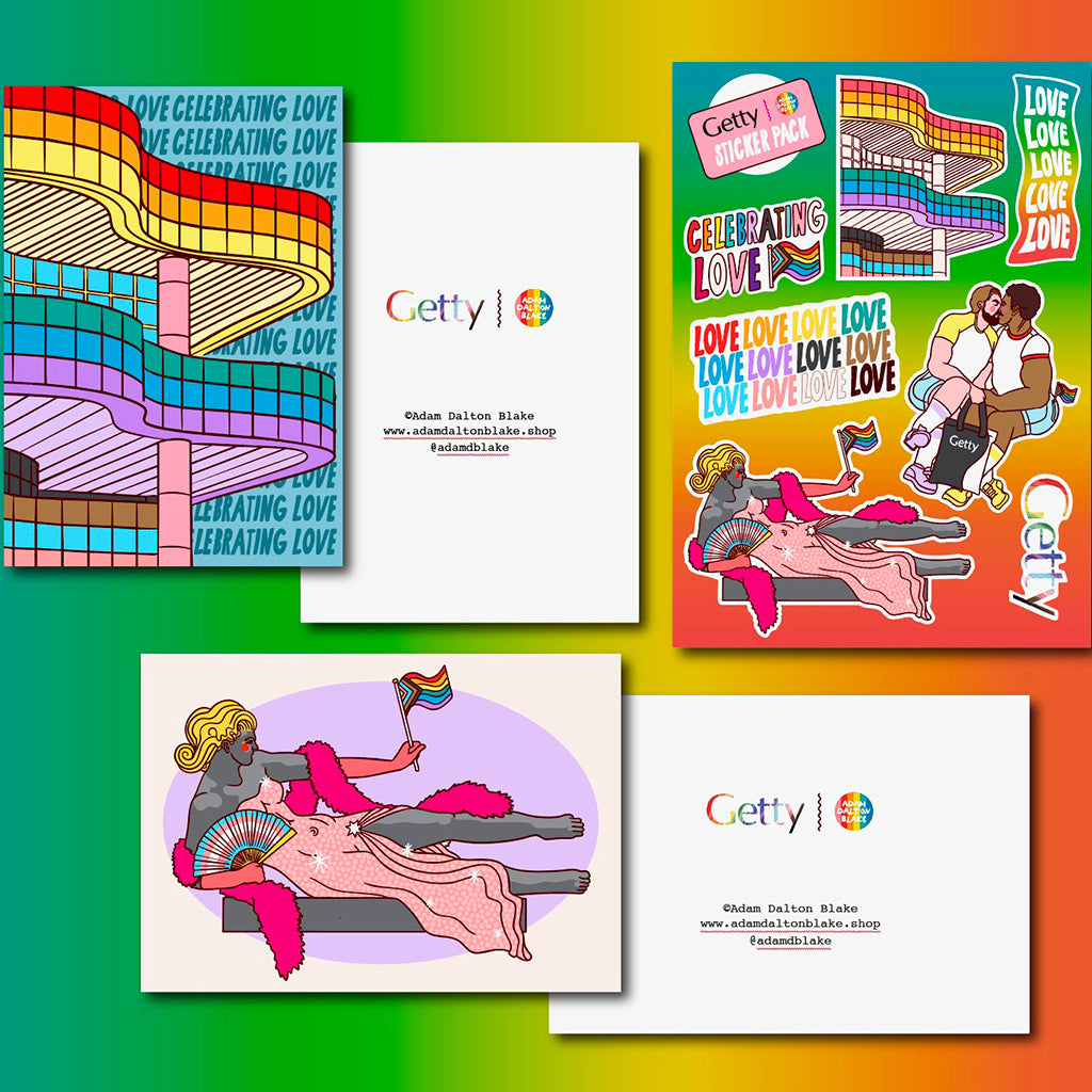 Collection of colorful greeting cards and stickers with 'Getty' branding on a gradient background.