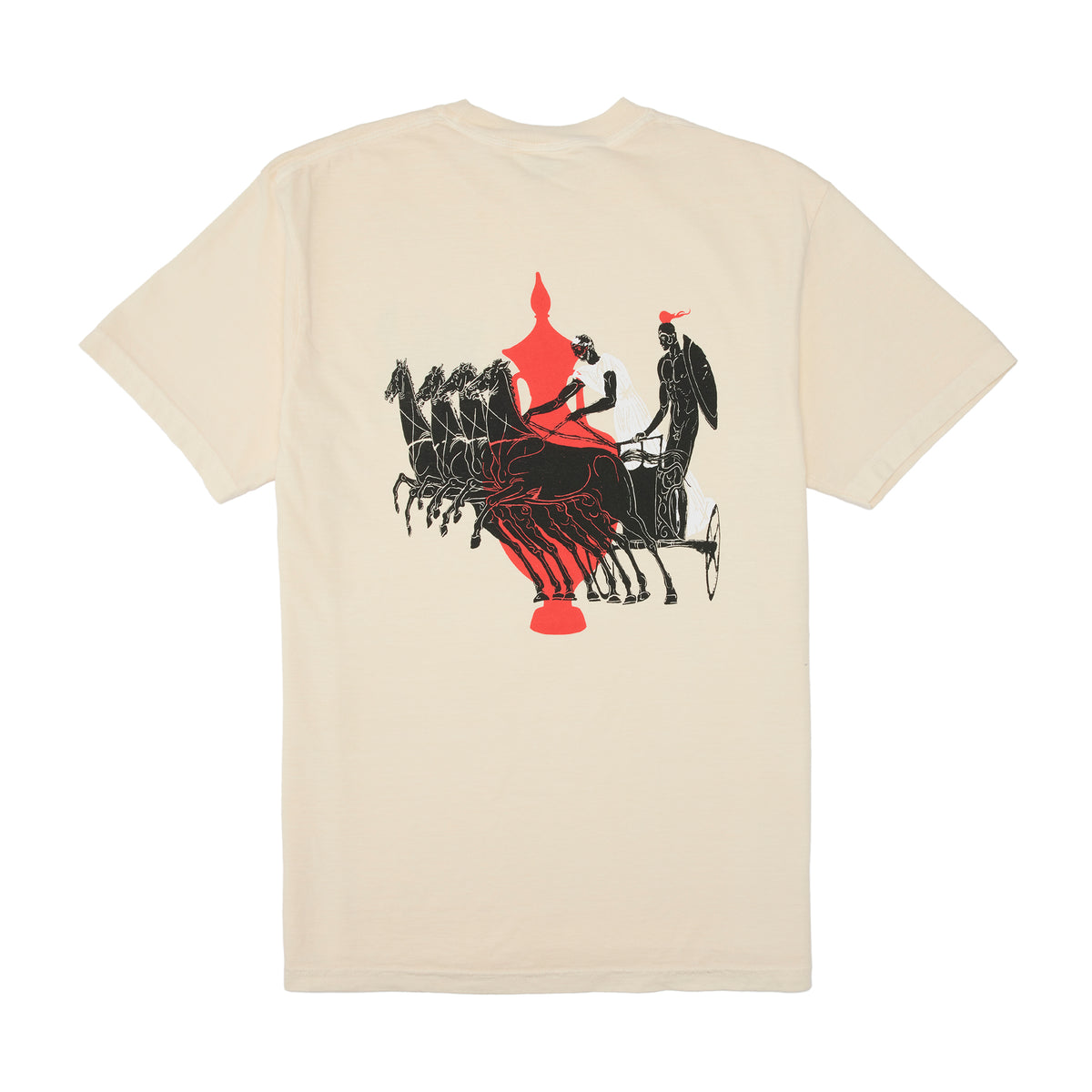 Beige t-shirt with a graphic of a chariot and figures on the back