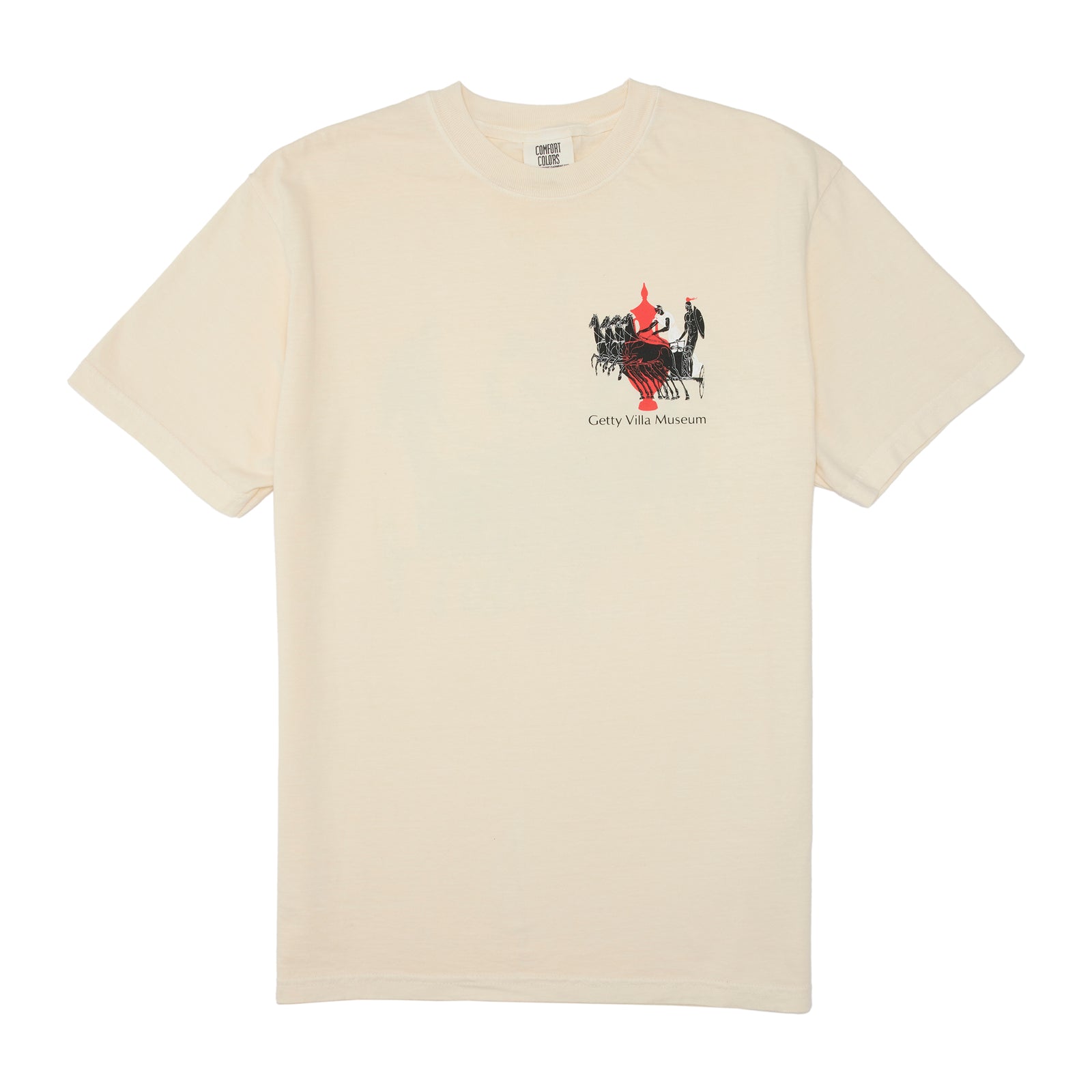 Beige t-shirt with a small graphic on the chest against a white background