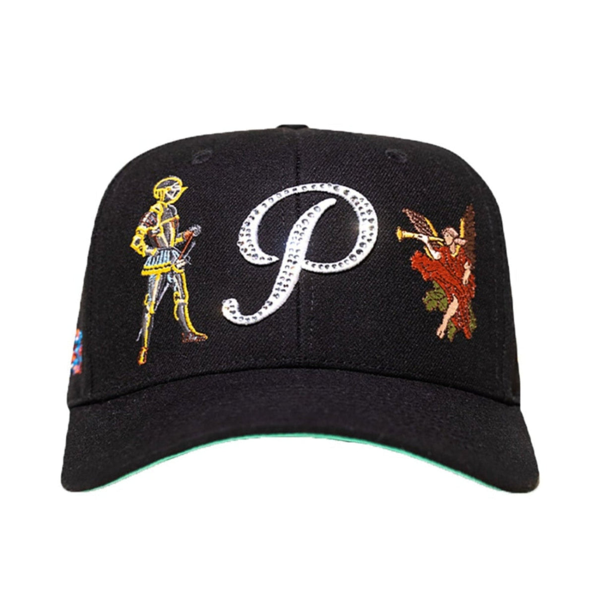 Black cap with embroidered designs and letter 'P' on a white background