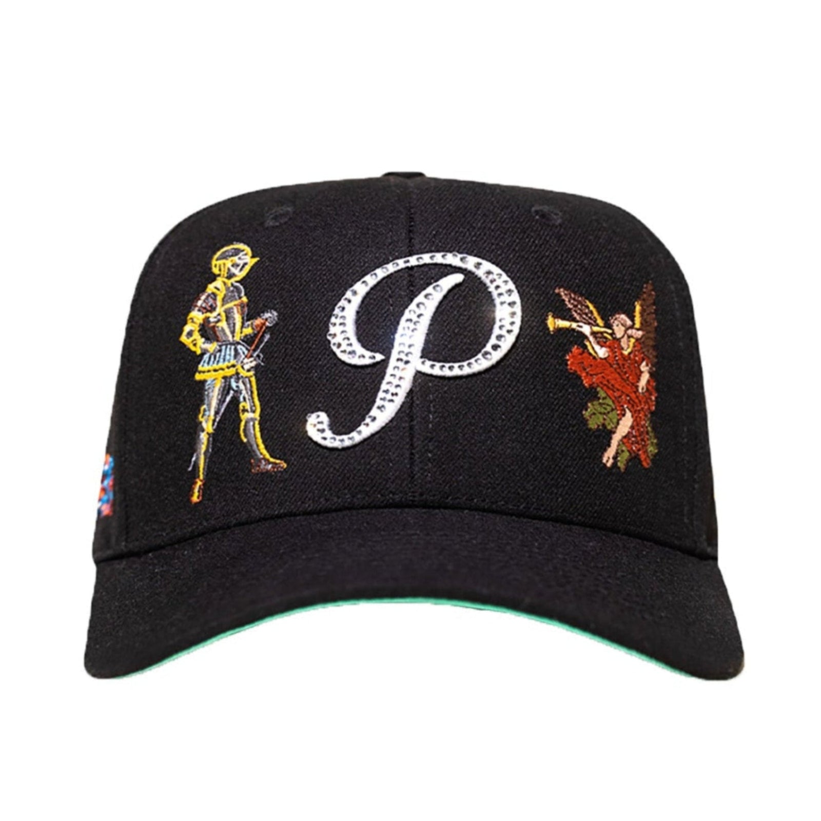 Black cap with embroidered designs and letter 'P' on a white background
