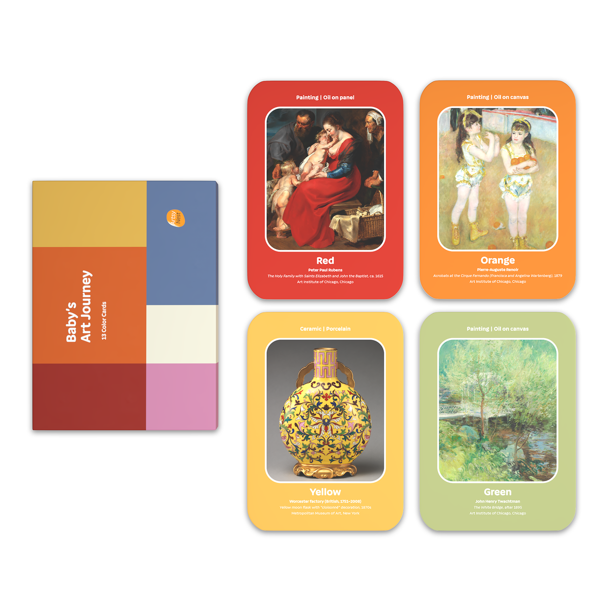 A card deck set titled 'Renaissance Art Journey' shown with its colorful box and four sample cards on a white background. The cards feature classic paintings and sculptures with educational text, each highlighted by a different color border: red, orange, yellow, and green.