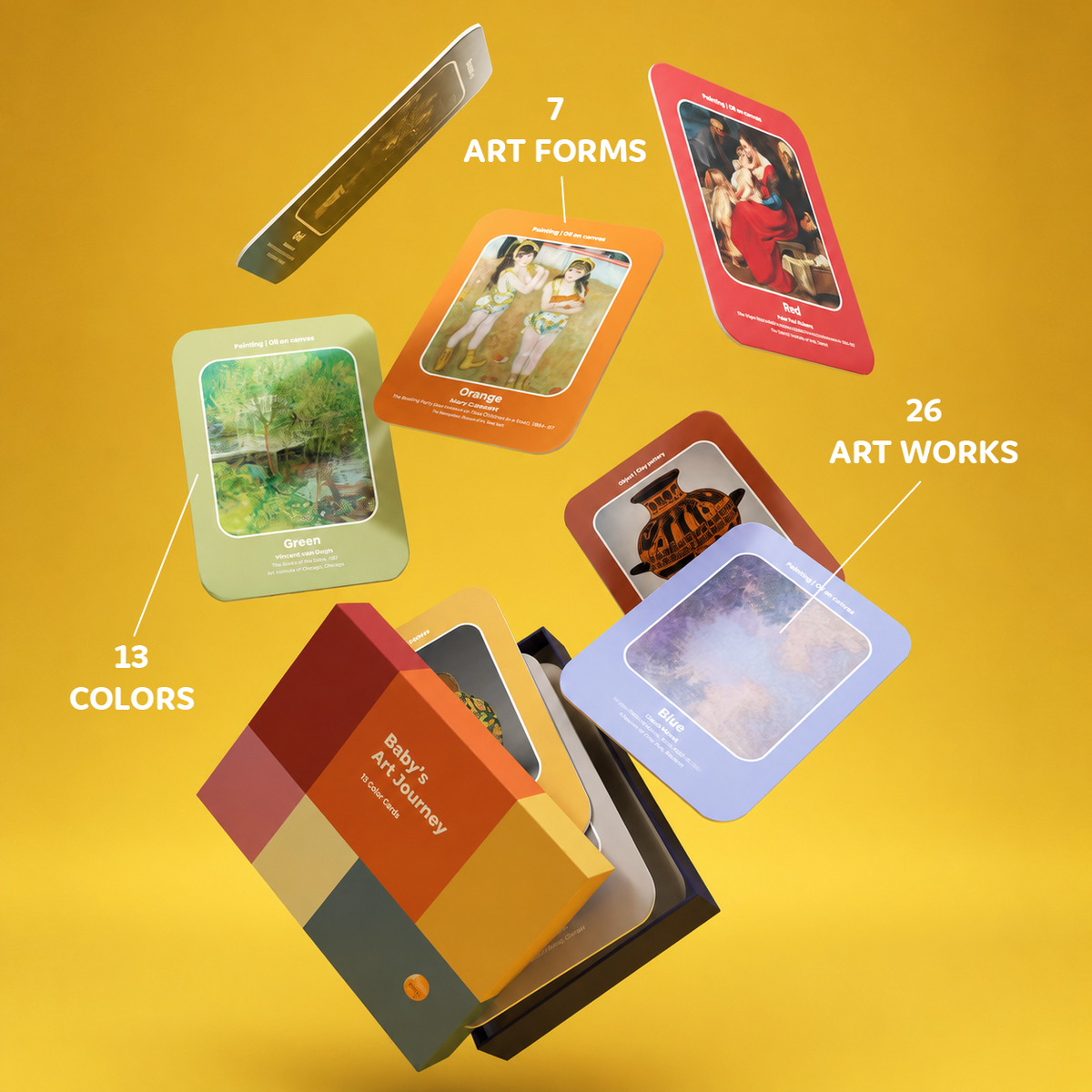 A boxed art and color learning set shown floating on a yellow background, with several sample cards and a box labeled 'Bible's Art Journey' and callout text reading '13 COLORS,' '7 ART FORMS,' and '26 ART WORKS.'.