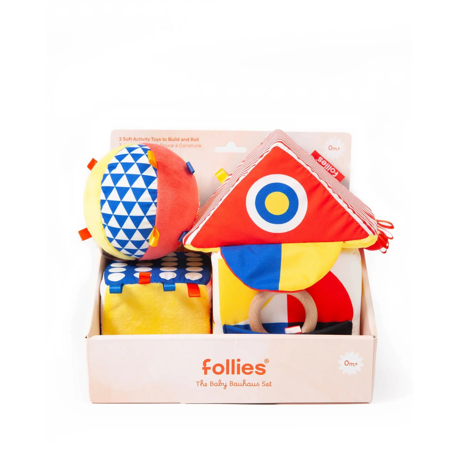 Colorful baby toys in a box with 'follies' branding on a white background