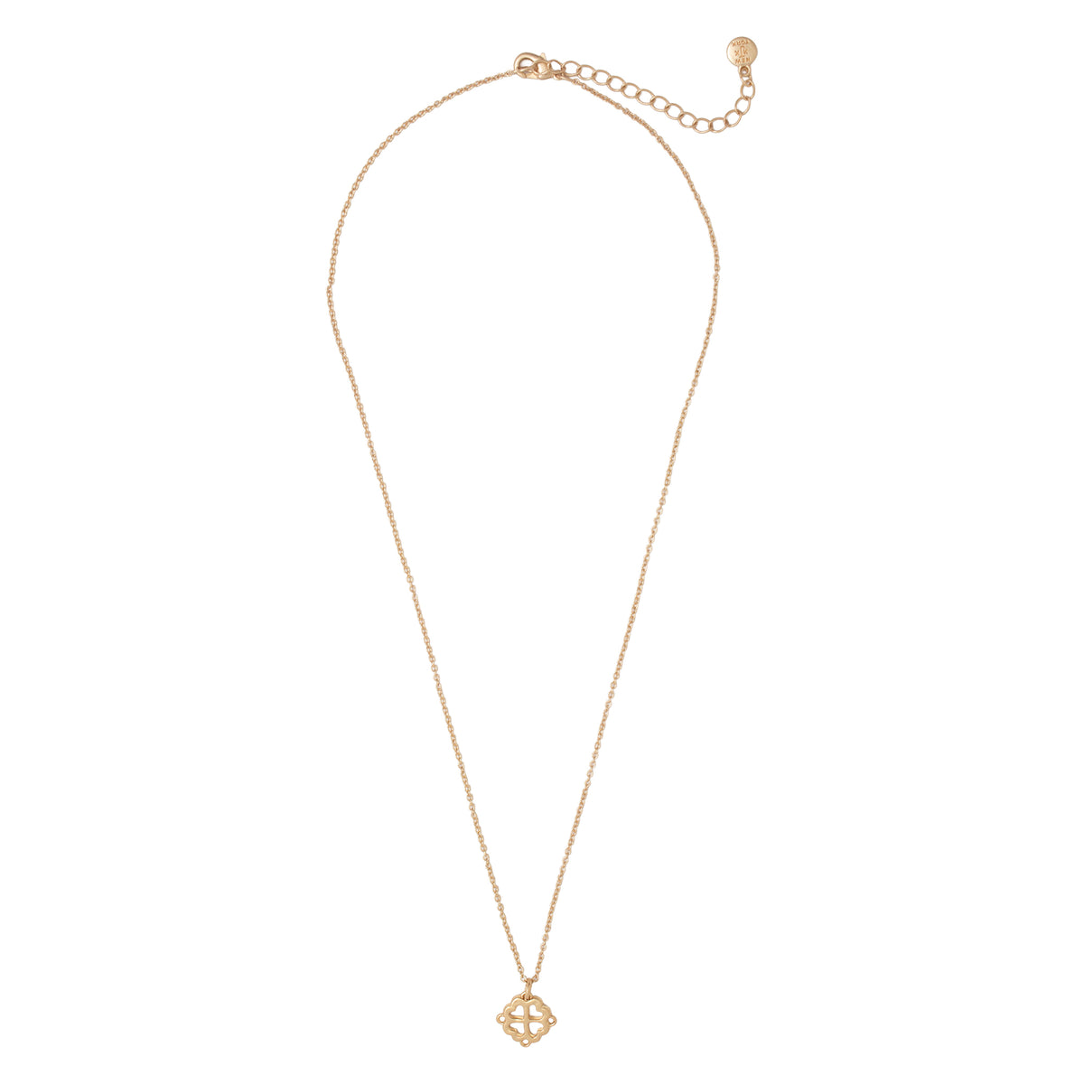 A delicate gold chain necklace with a small geometric pendant, displayed on a clean white background.