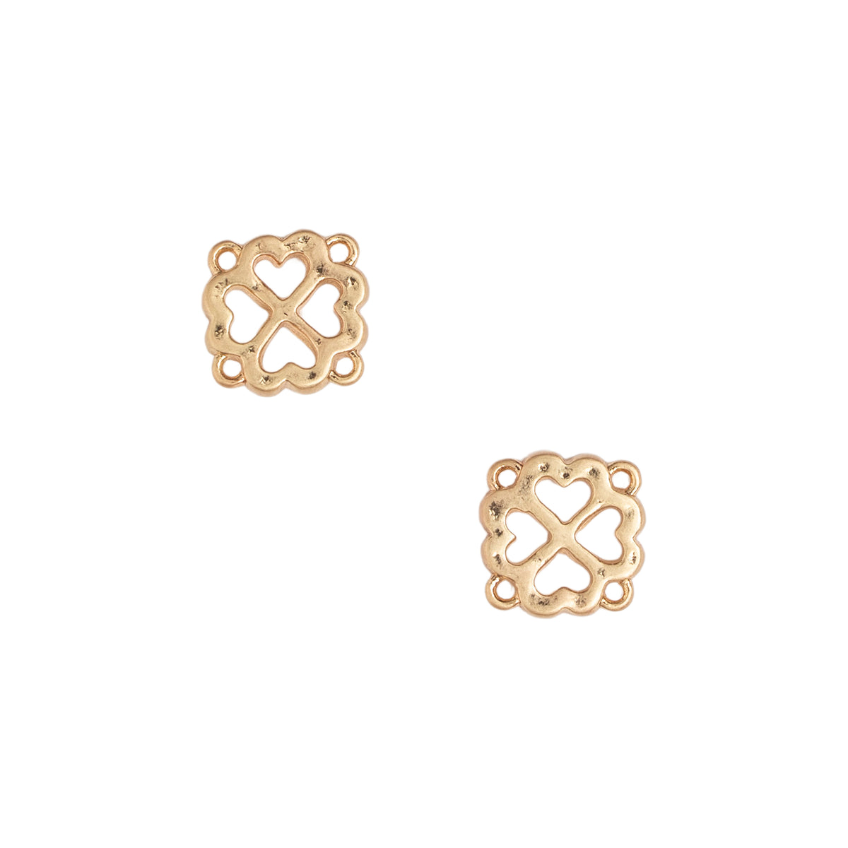 A pair of gold square charms with a four-leaf clover design and heart cutouts, displayed on a clean white background.