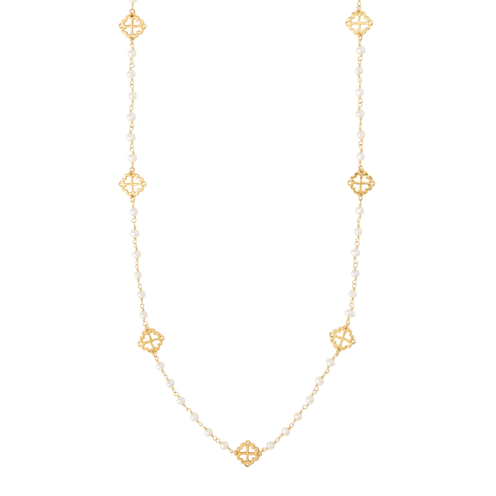 Gold necklace with geometric pendants on a white background