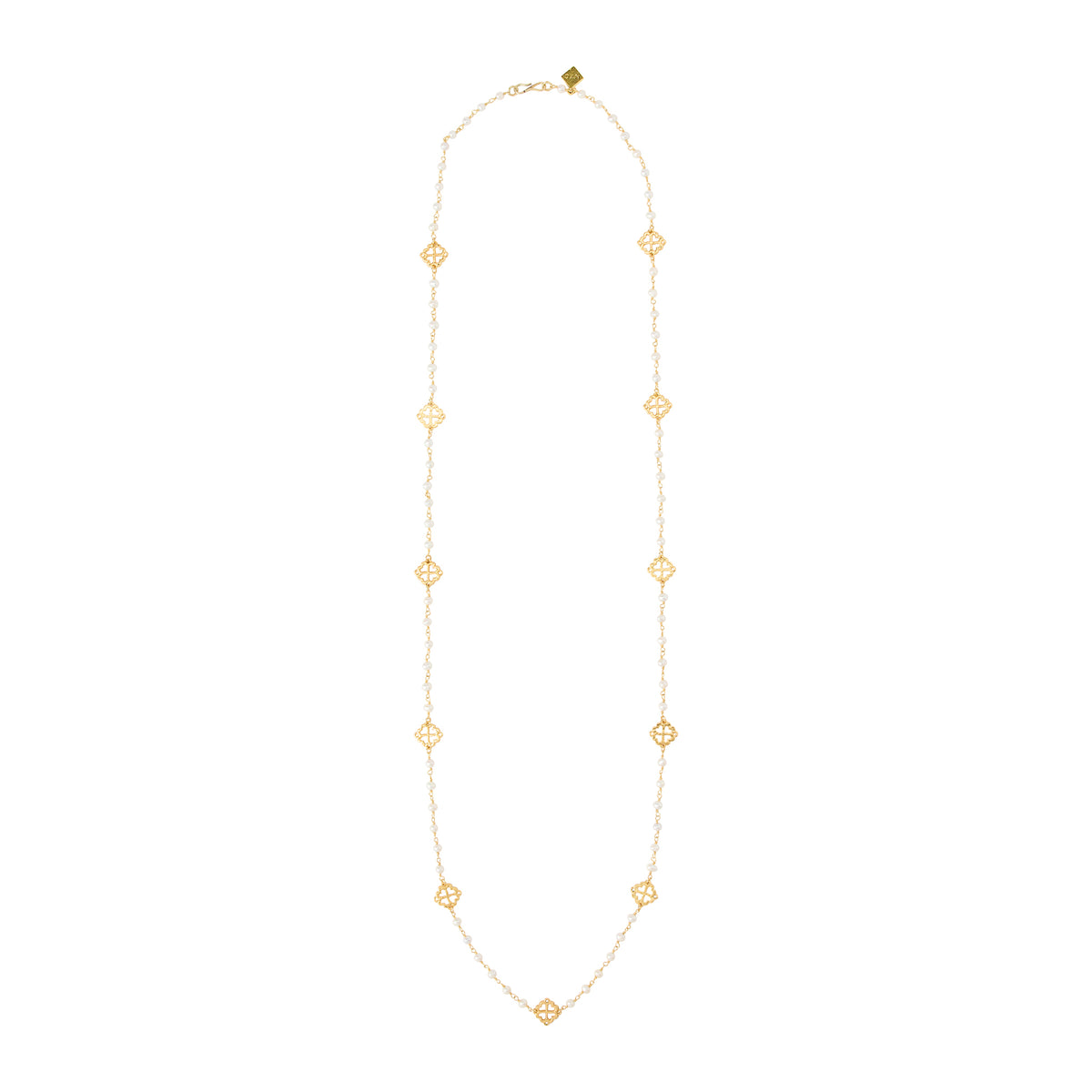 Gold necklace with small gold beads on a white background
