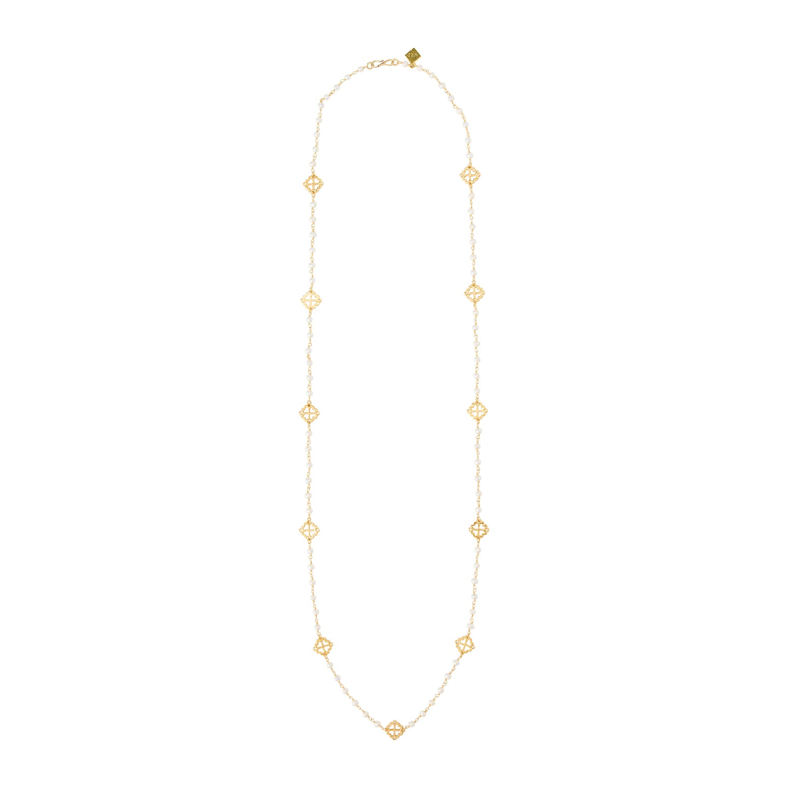 Gold necklace with geometric pendants on a white background