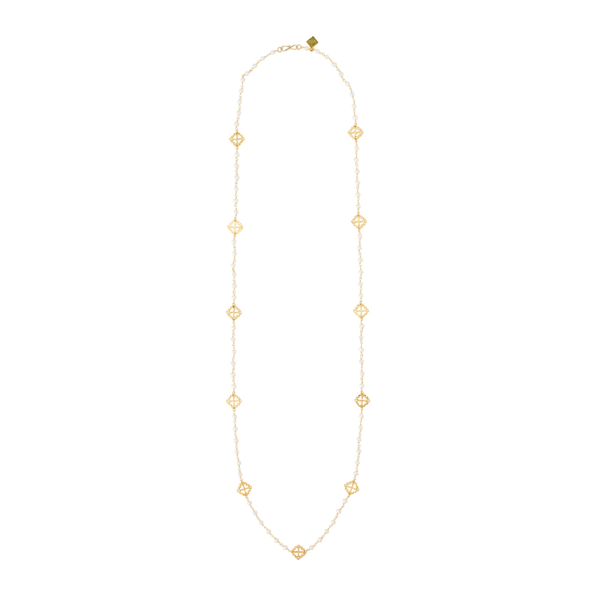 Gold necklace with geometric pendants on a white background