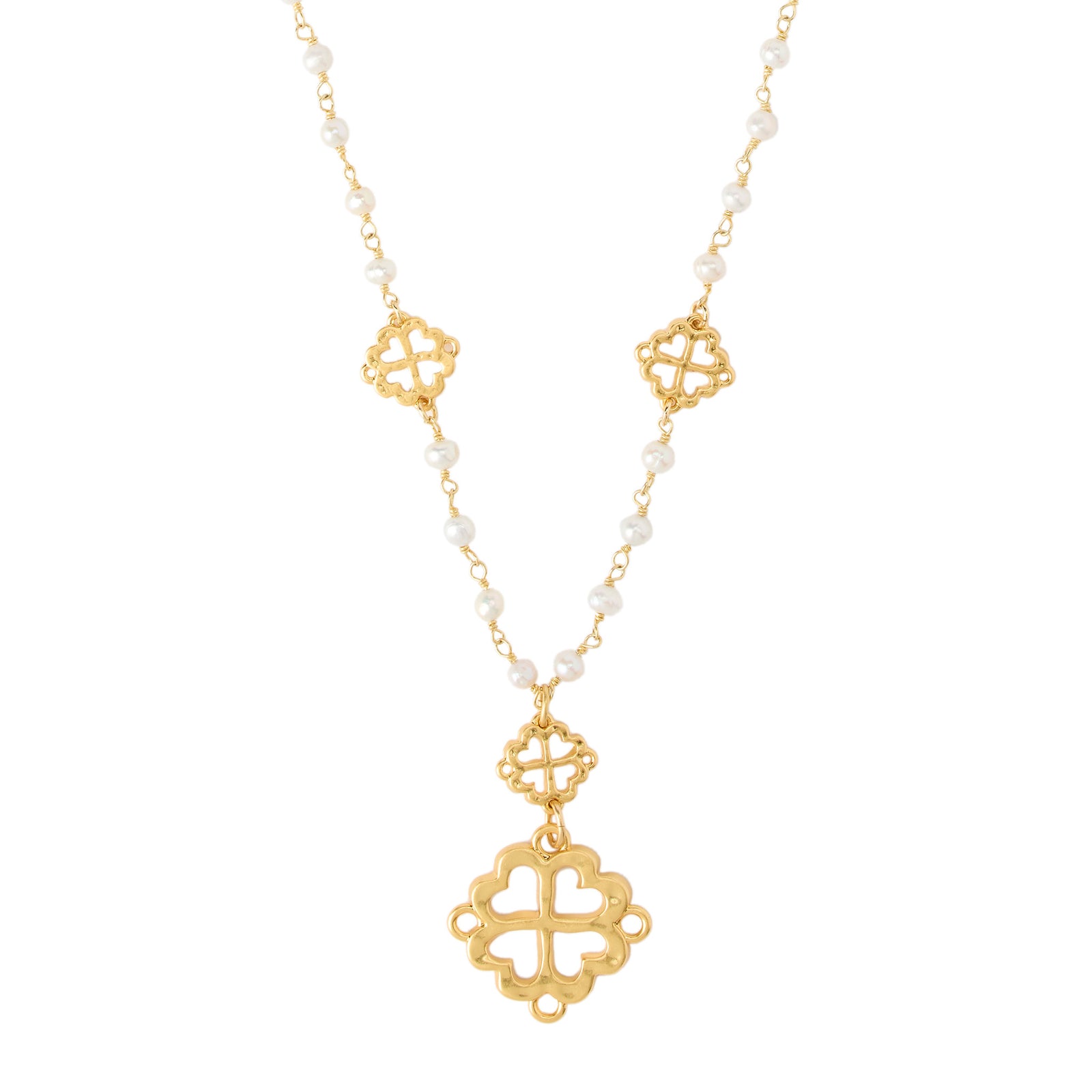 Gold necklace with clover-shaped pendants on a white background
