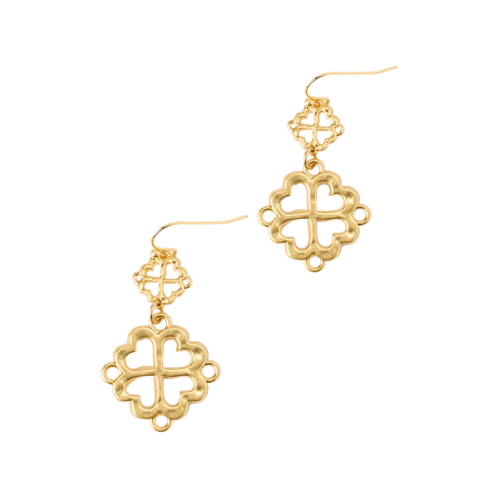 Gold earrings with clover-like designs on a white background