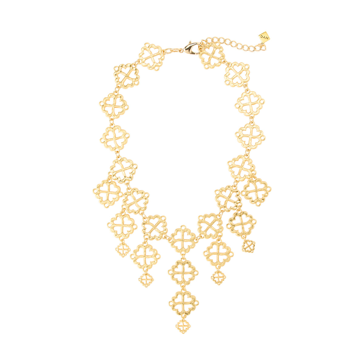Gold necklace with intricate geometric design on a white background