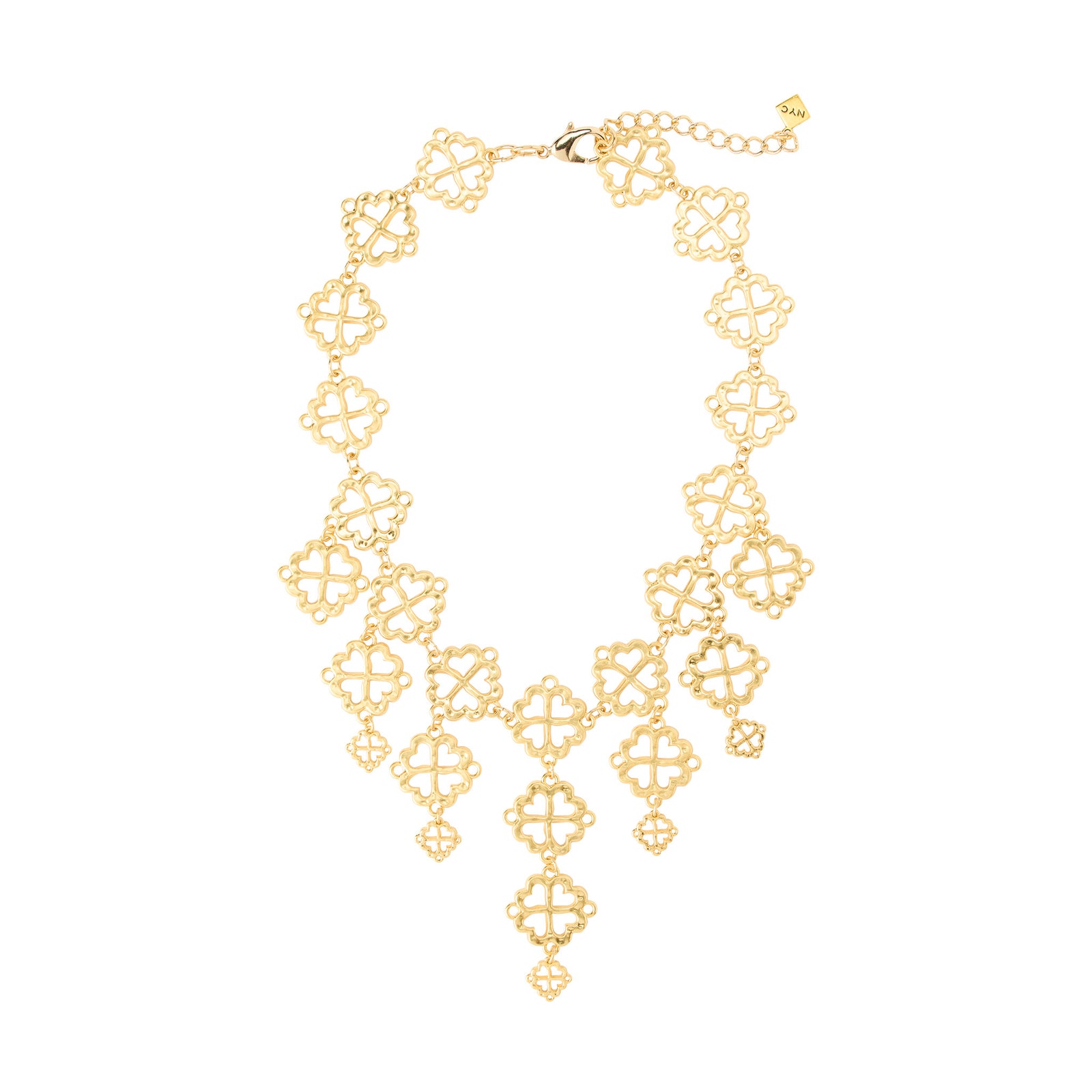 Gold necklace with intricate geometric design on a white background