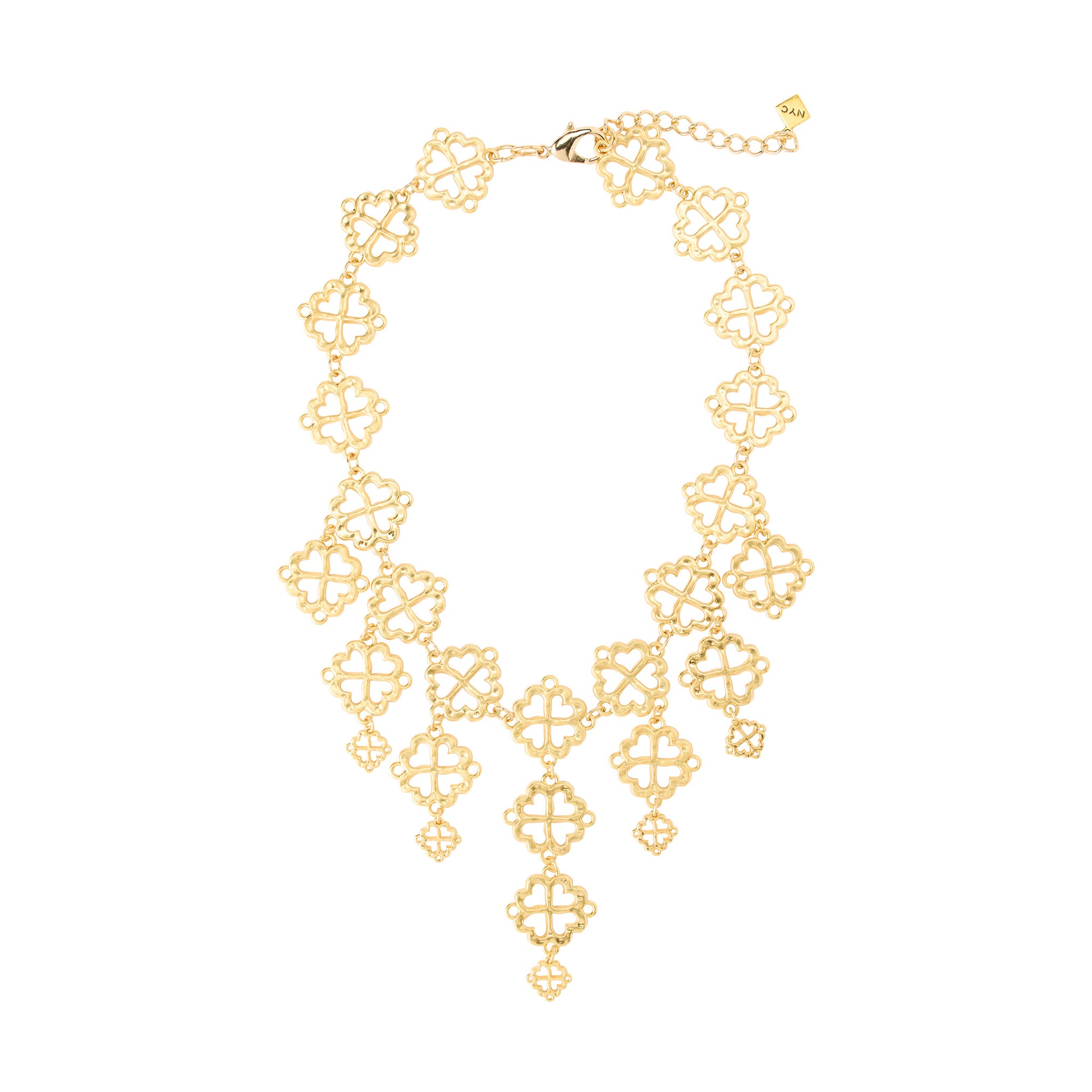 Gold necklace with intricate geometric design on a white background