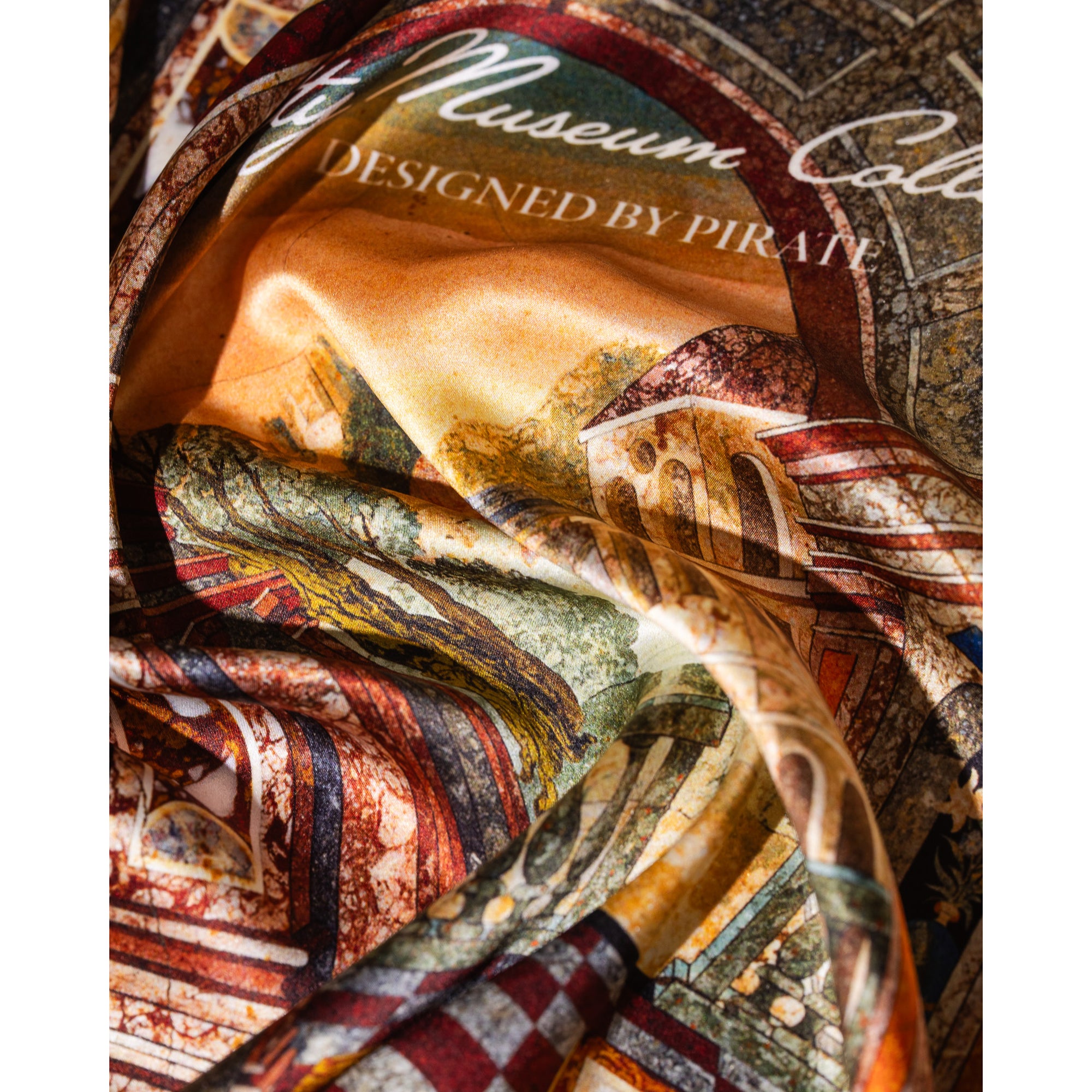 Silk square bandana scarf with an architecture design