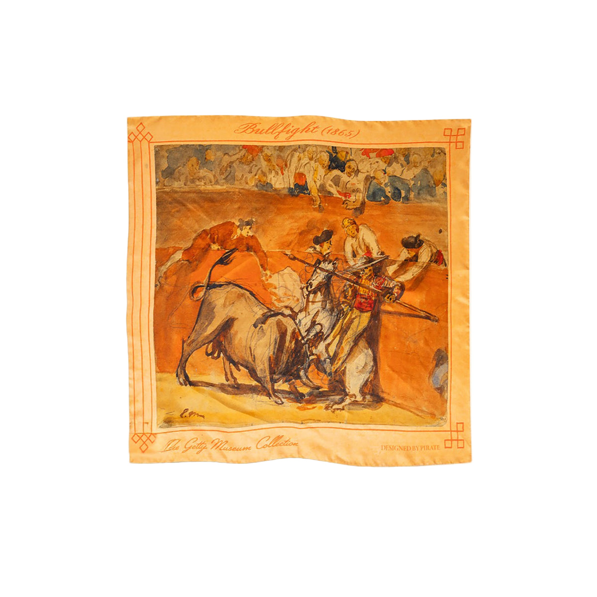 Silk scarf with a bullfighting scene design on a white background