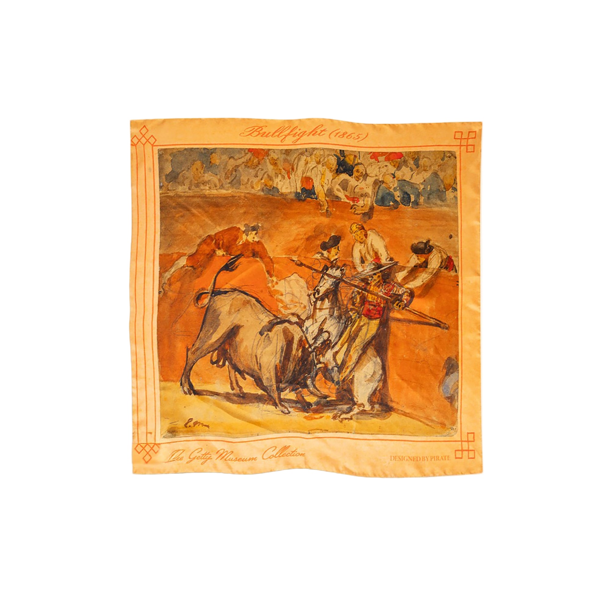Silk scarf with a bullfighting scene design on a white background