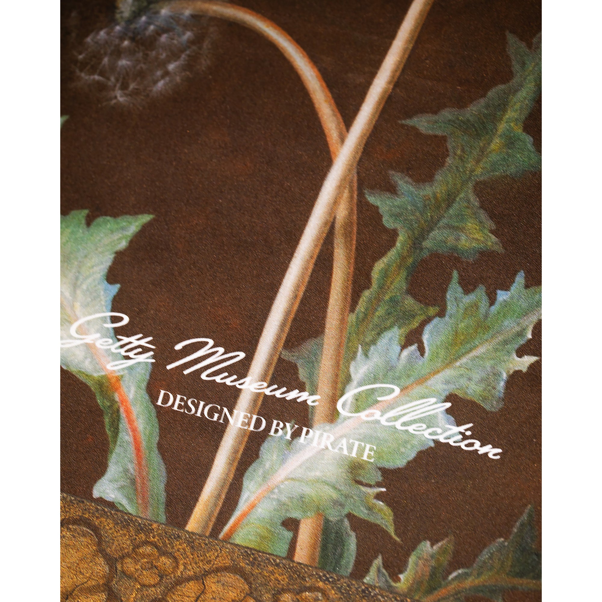 Framed artwork of a dandelion with a decorative brown border printed on a silk bandana shot on a white background