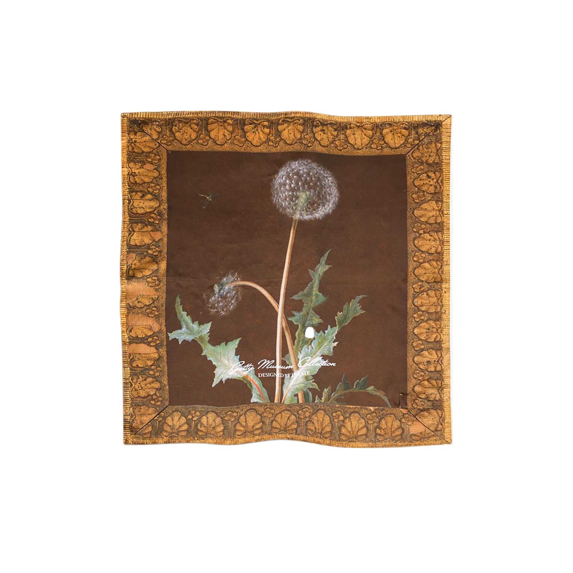 Framed artwork of a dandelion with a decorative brown border printed on a silk bandana shot on a white background