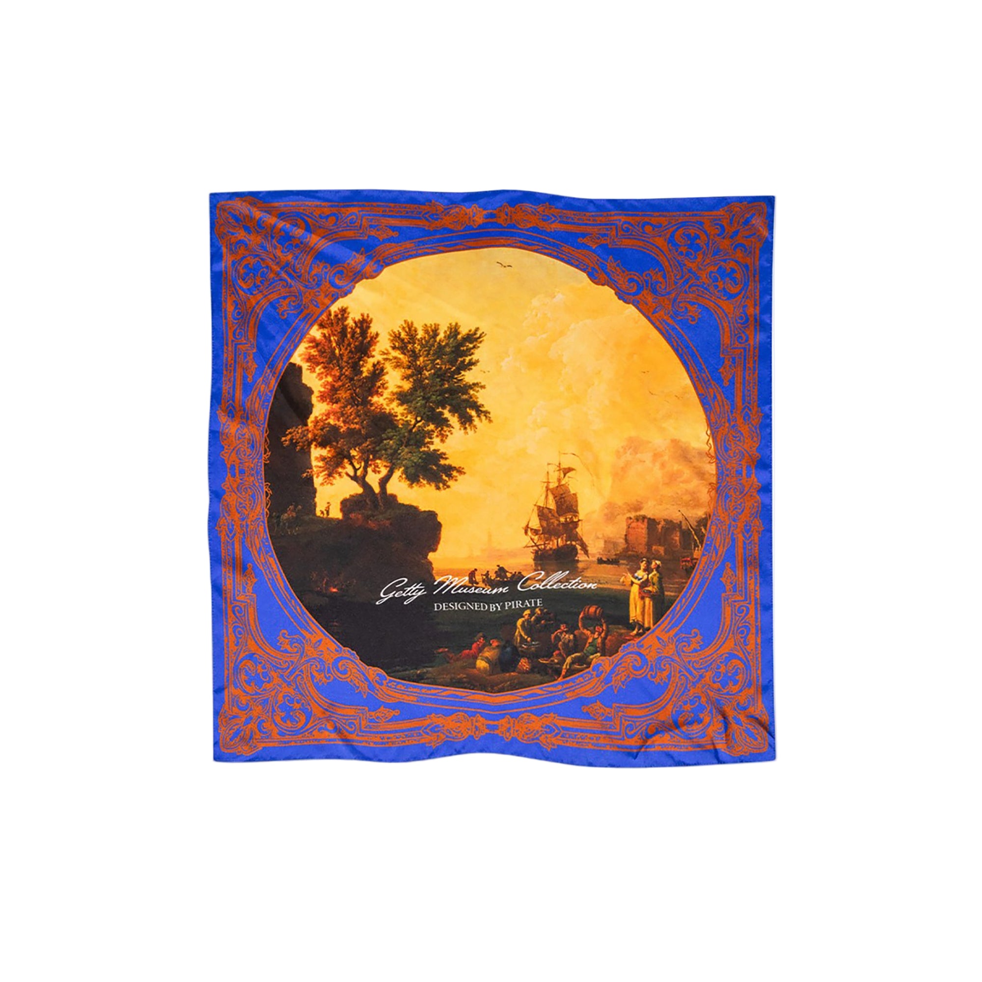 Silk bandana with a scenic design and ornate blue border on a white background