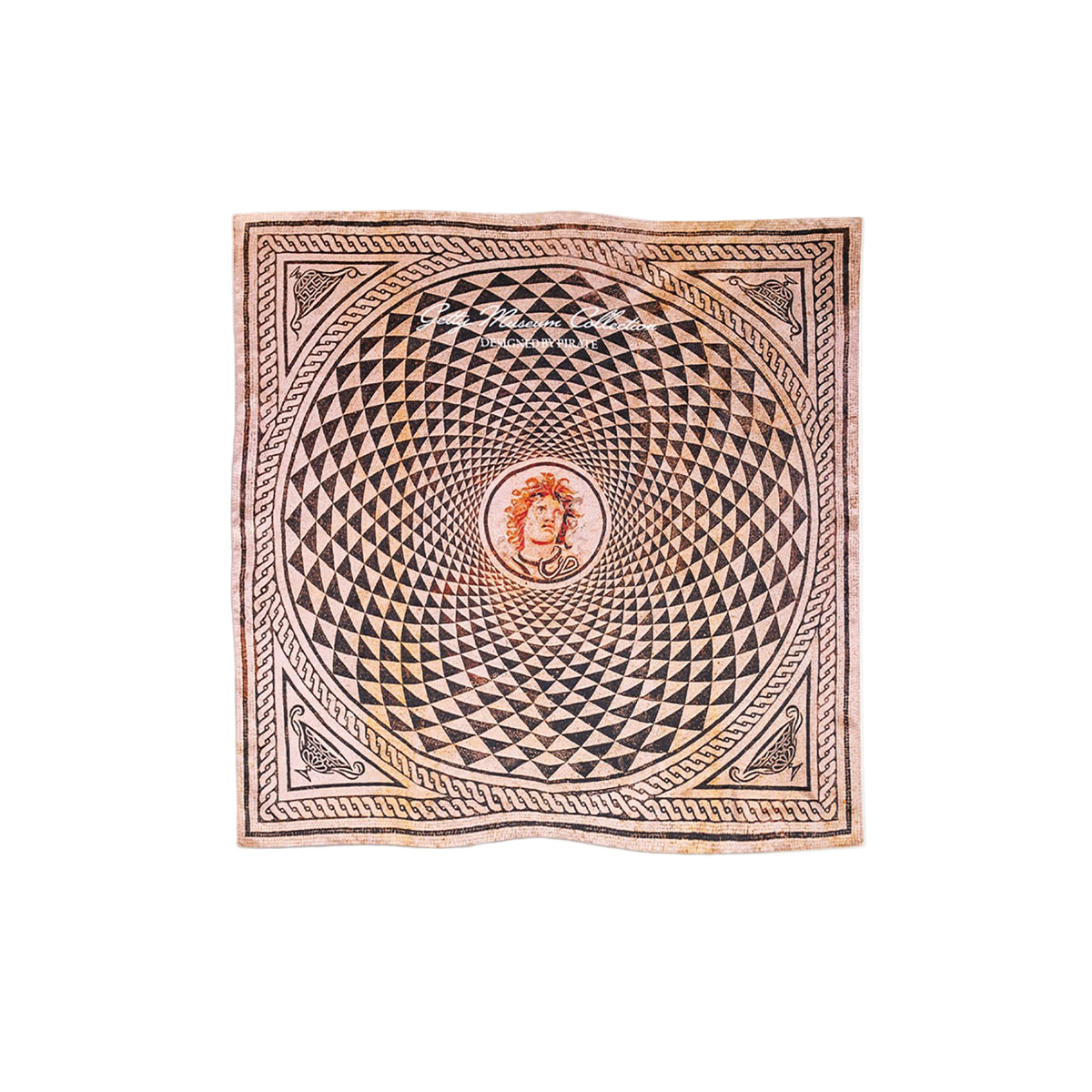 Silk bandana with geometric pattern and portrait on a white background
