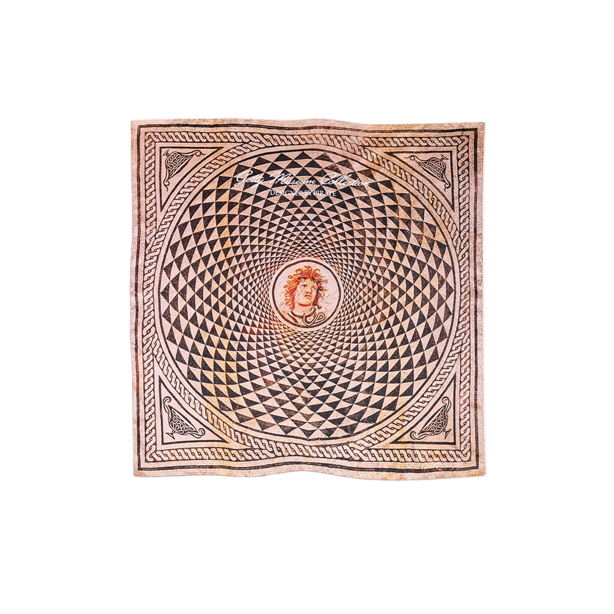 Silk bandana with geometric pattern and portrait on a white background