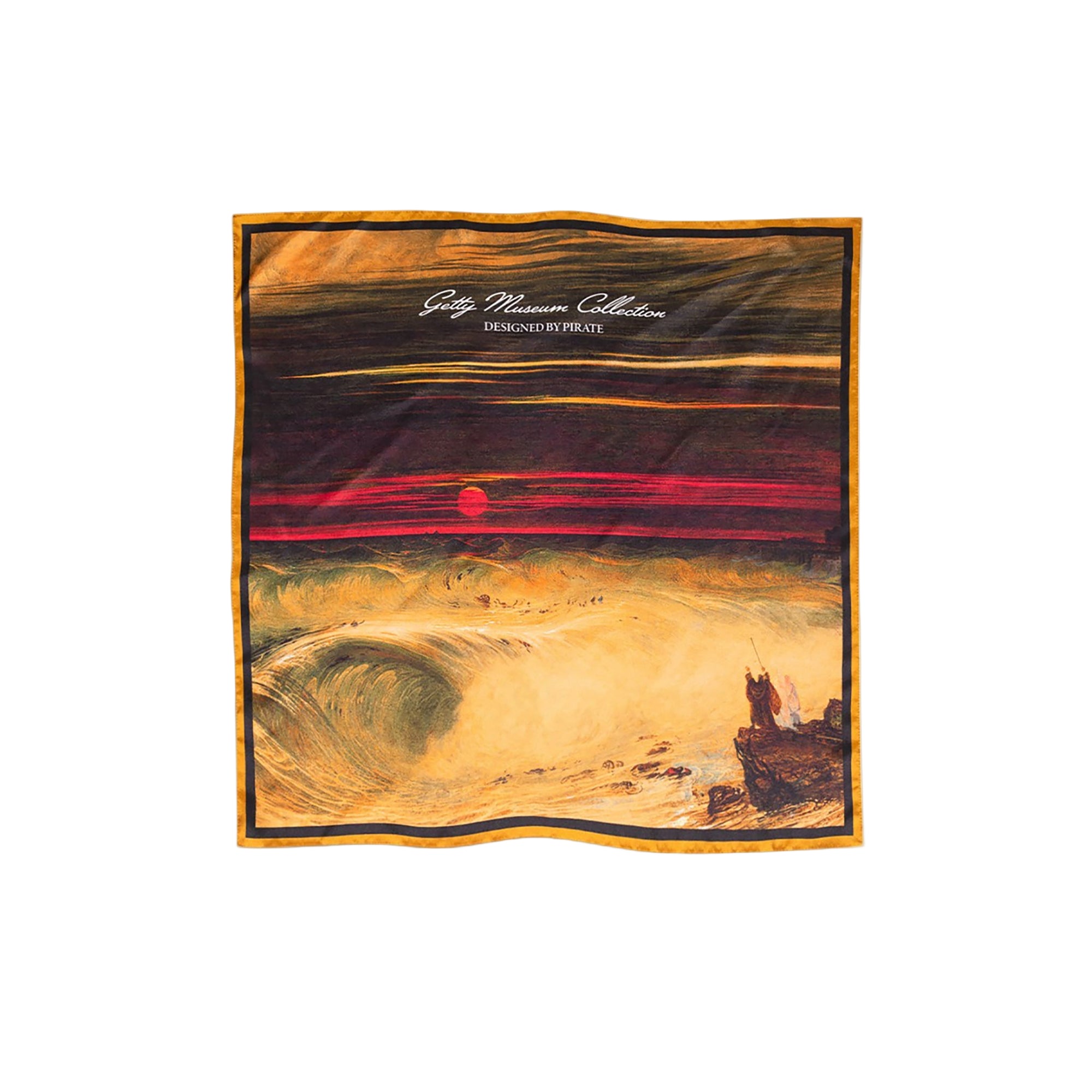 Artistic depiction of a desert landscape with a sunset, featuring the text Getty Museum Collection, Designed by Pirate.