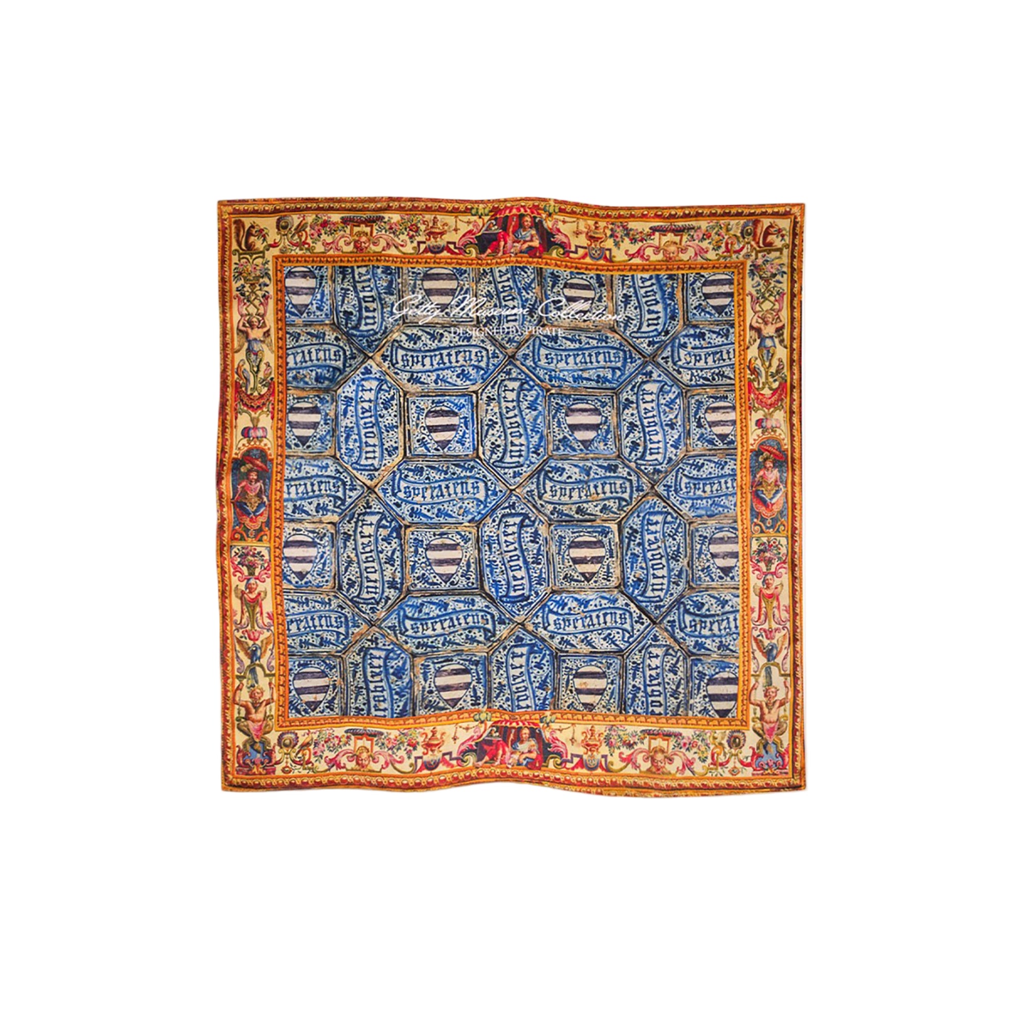 Silk bandana with blue geometric pattern and colorful border on a white background