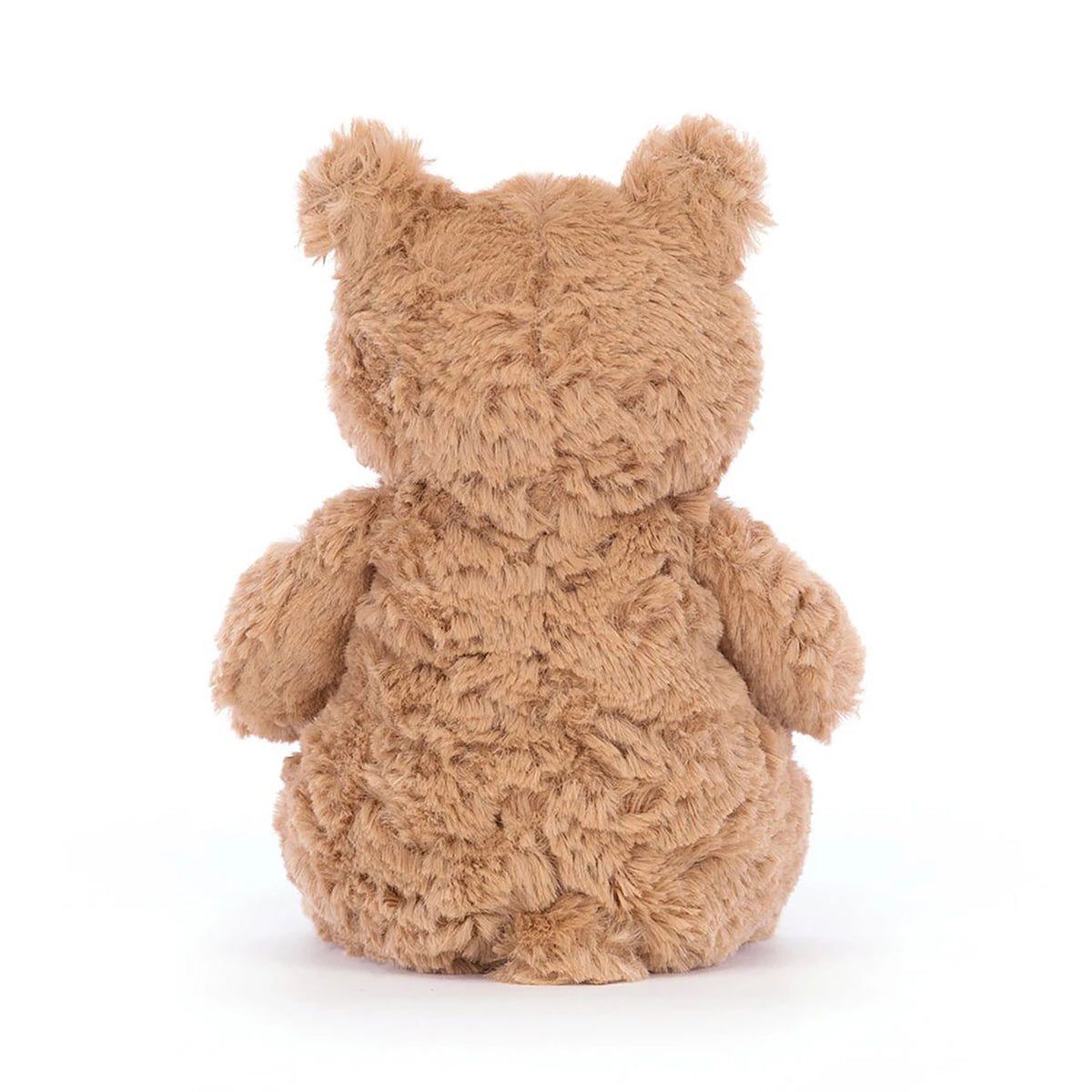 Back view of a brown teddy bear on a white background